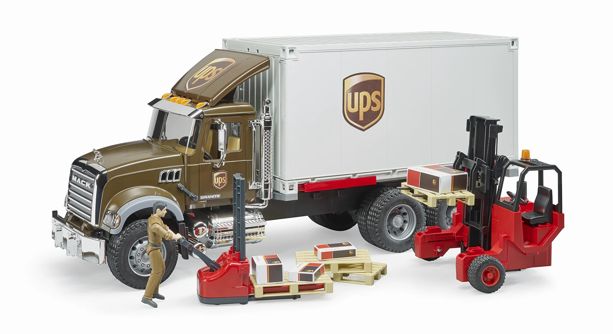 bruder 02828 - Mack Granito UPS Logística Camión Incluido Carretilla Elevadora | Vehículo de logística con carretilla elevadora, servicio de paquetería, envíos, juguete a partir de 4 años, 1:16