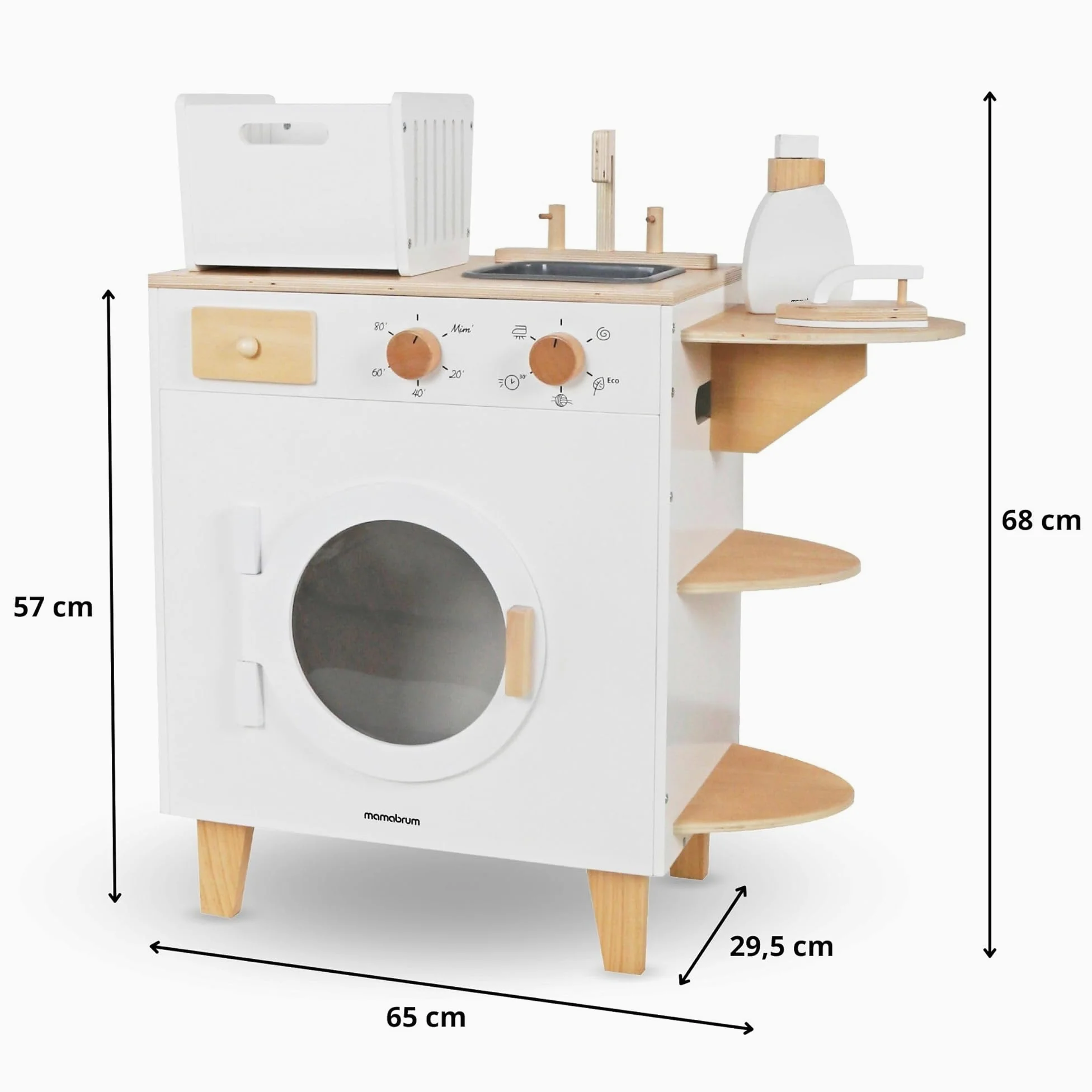 Mamabrum Lavadora Juguete Madera con Tabla Planchar, Cesto y Accesorios - Set Limpieza Juguete para Niños +3 Años - Incluye Escoba y Fregona - 65 x 29,5 x 68 cm