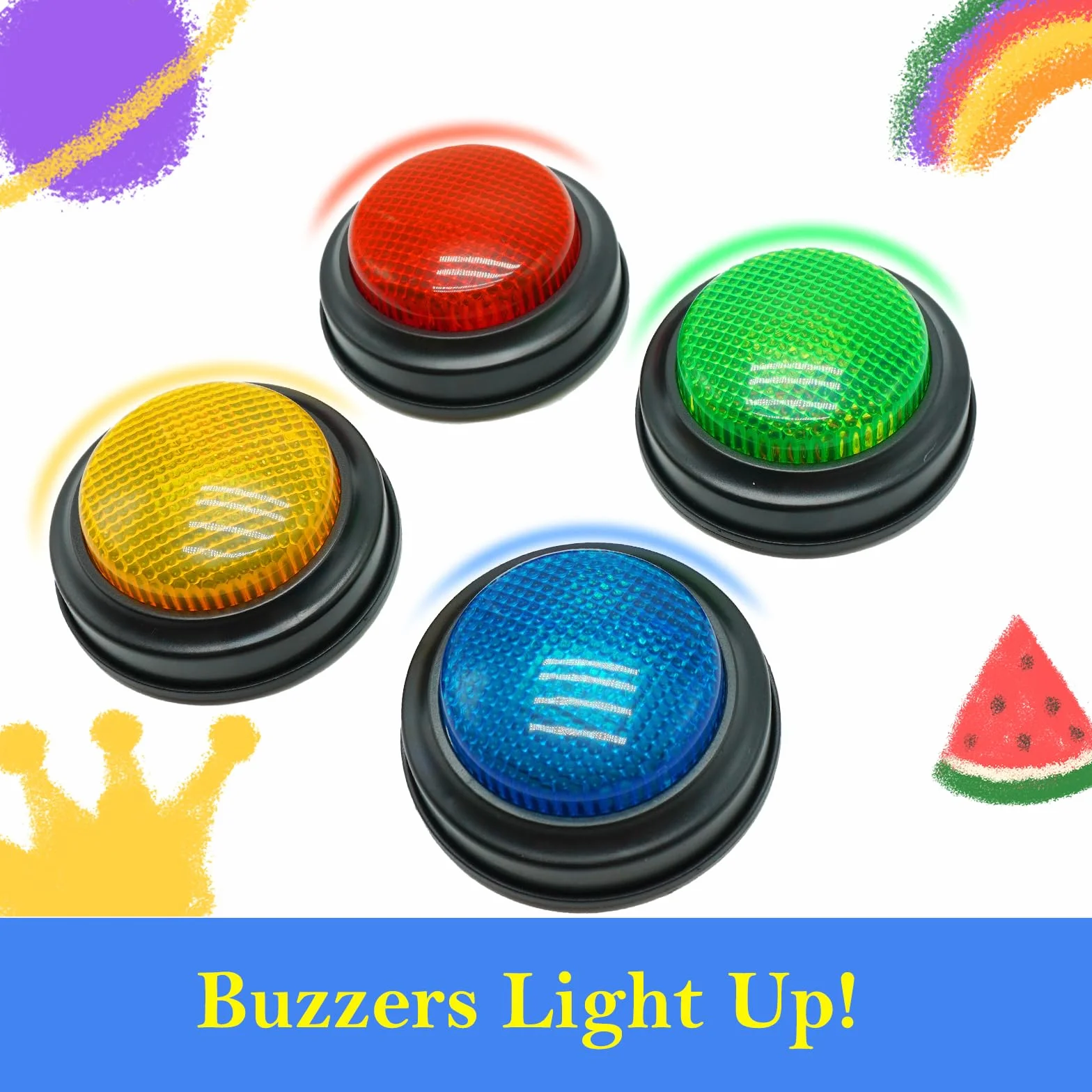 Gelabur Juego de 4 zumbadores para juegos de trivia, zumbadores de respuesta para aula, zumbador de peligro de peleas familiares, zumbadores de juego con luces y sonido para aula, botones de zumbador