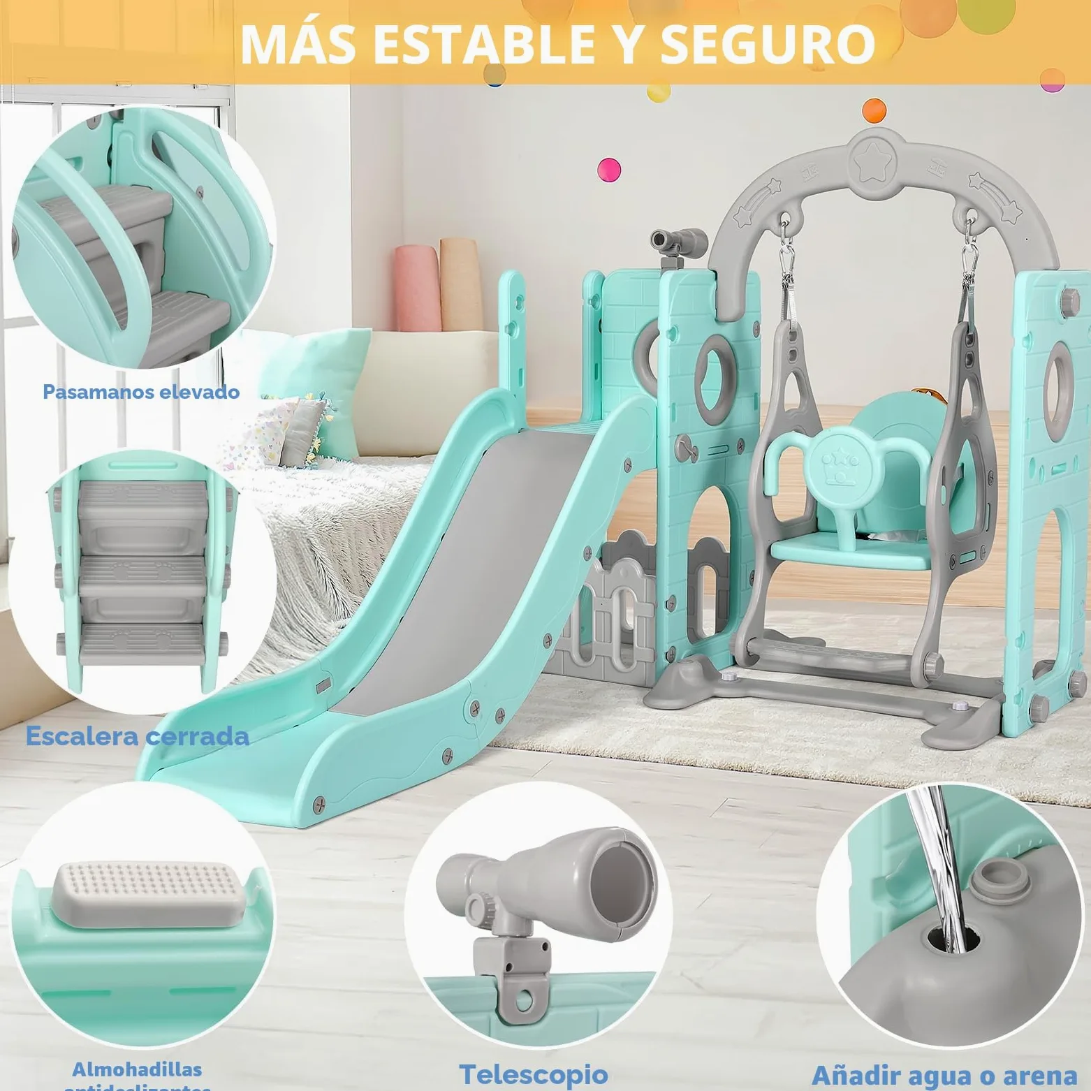 Tobogán y Columpio, Parque Infantil 5 en 1, con Tobogán Largo, Columpio, Escalada, Telescopio de Juego, Almacenamiento, Tobogán para Interior y Exterior, Juego de Tobogán para Bebé, Verde Gris