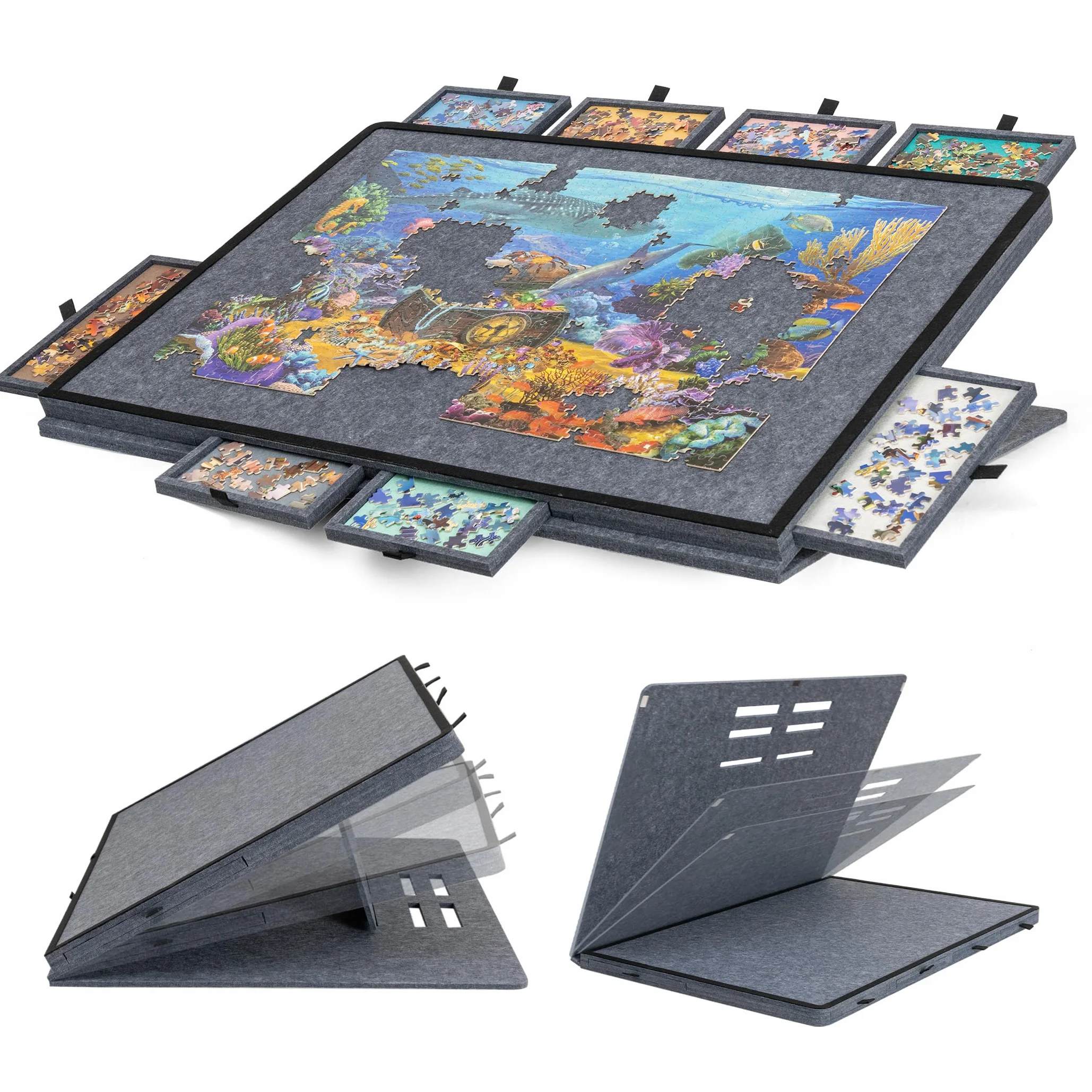 Becko US Tablero de rompecabezas inclinable con soporte y cubierta 2 en 1, estuche de almacenamiento de fieltro ligero con 8 cajones para adultos y niños, mesa de rompecabezas portátil para juegos de