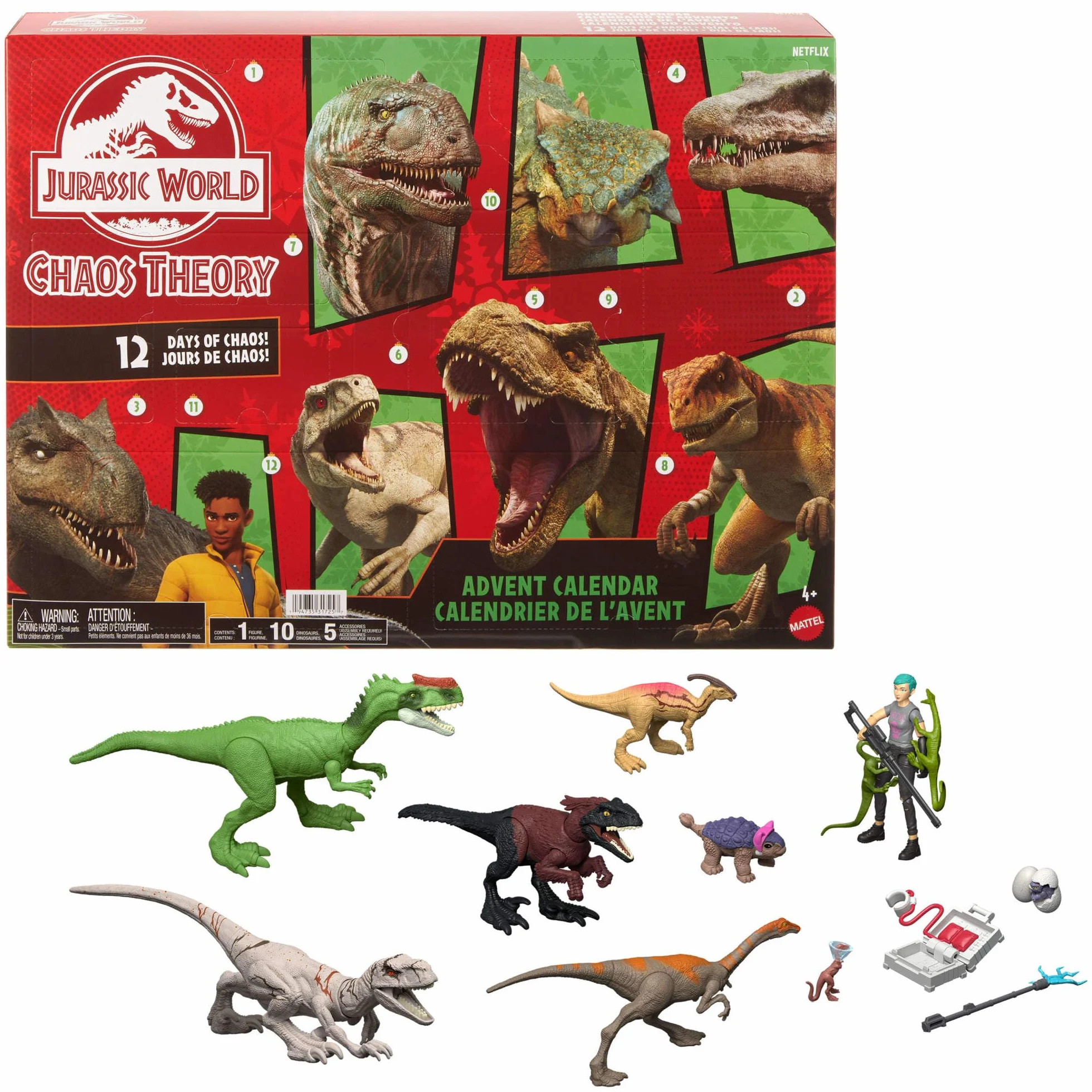 Mattel Jurassic World Teoría del Dinocaos Calendario de Adviento con 12 Puertas, 12 días de sorpresas, Smoothie y Otras 9 Figuras de Dinosaurios, Figura de Brooklynn, JGM17