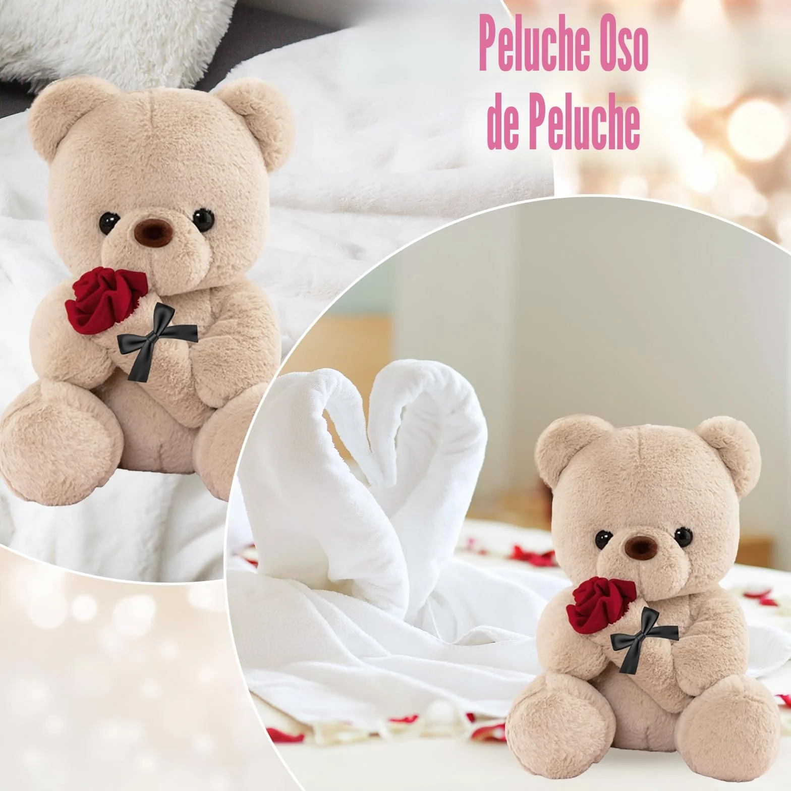 Oso de Peluche con Rosa, Regalos Originales para Mujer, 25cm Oso de Peluche Osito Peluche Tierno Juguete de Peluche con Marrón Regalo Sant Jordi Aniversario Cumpleaños Boda para Mujer Amiga