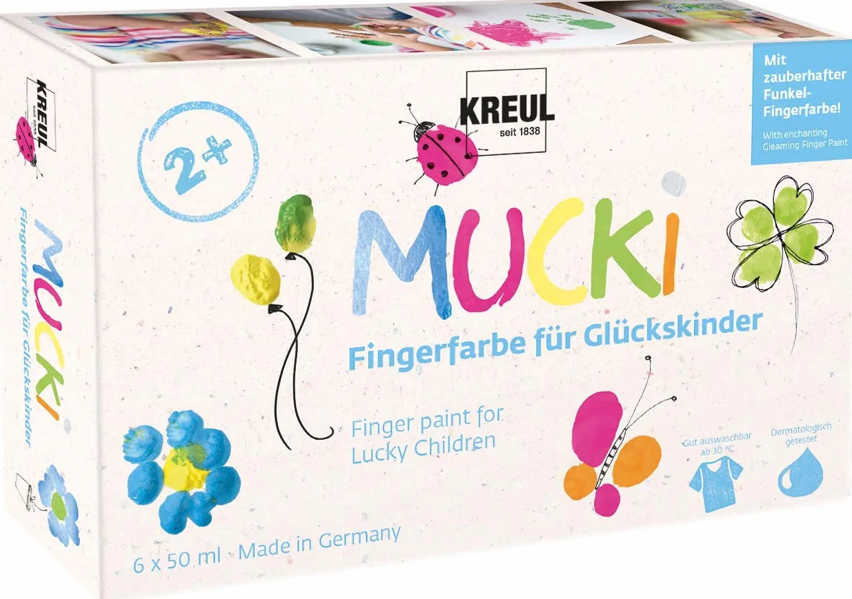 KREUL 23050 - Pintura de dedos Mucki para niños afortunados, 6 x 50 ml en amarillo, rosa, azul diamante, verde, naranja, plata dragón, sin parabenos, sin gluten, sin lactosa, vegano, lavable