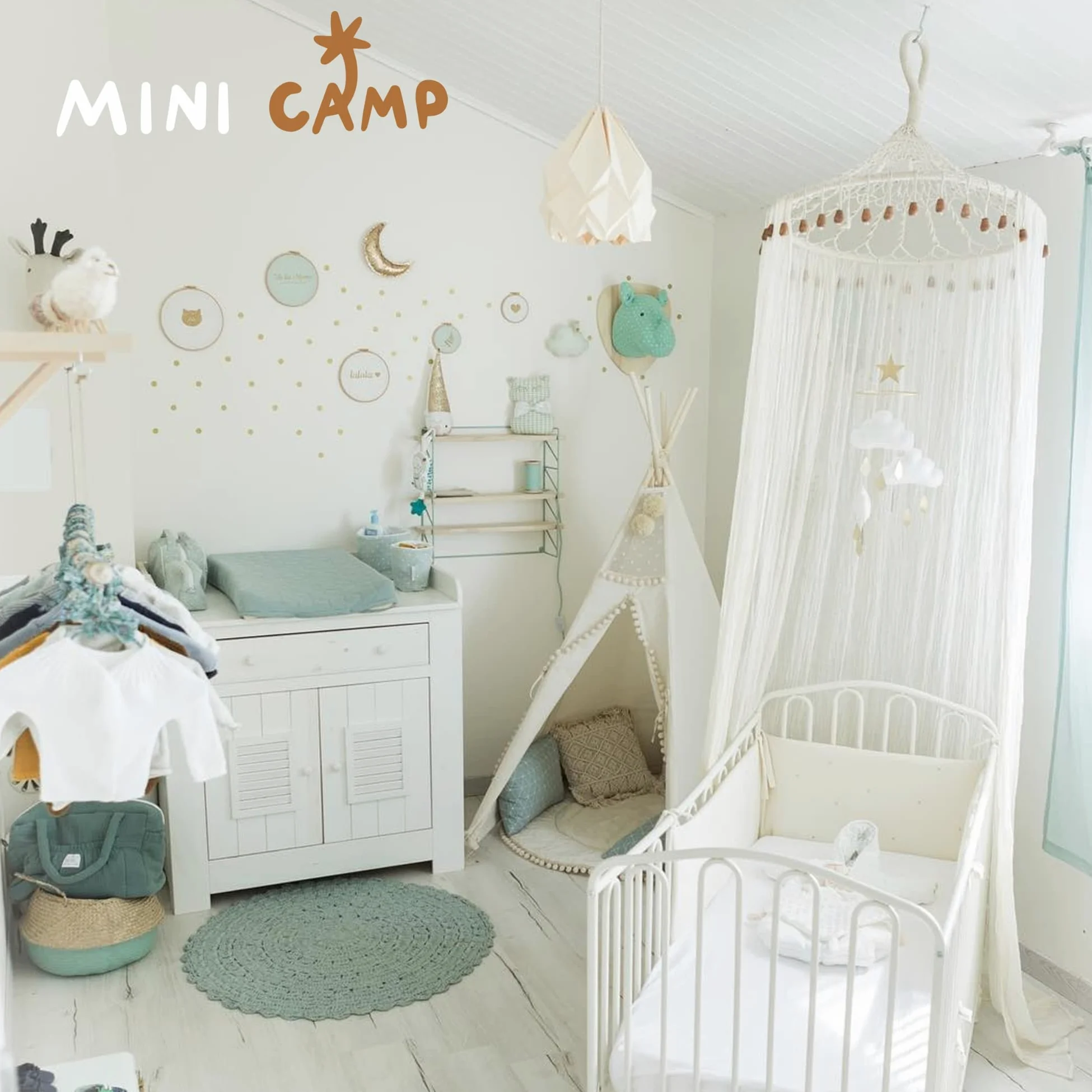 MINICAMP Teepee Original para Niños, Tienda de Campaña de Lona Natural de Algodón con Madera Hecha a Mano, Tienda de Juego Interior para Dormir para Niñas y Niños con Pompones