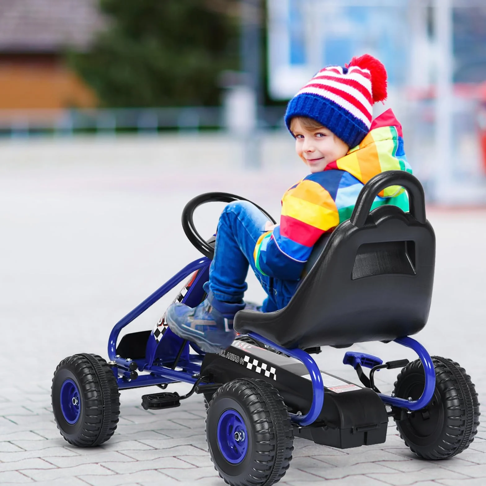 COSTWAY Go Kart de Pedales para Niños con 4 Ruedas Antideslizantes Asiento Envolvente y Freno de Mano, para Niños y Niñas (Azul)