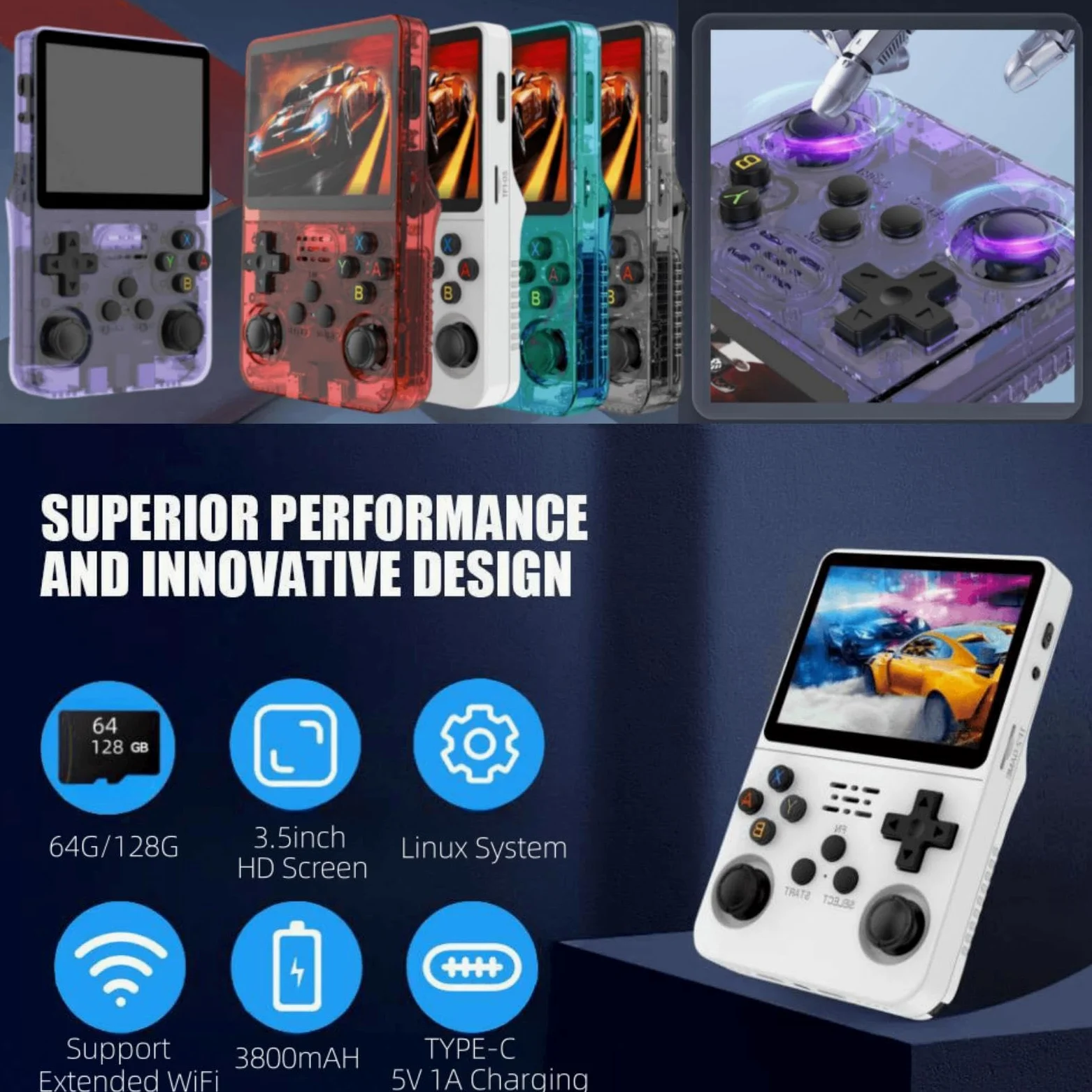 Portable Retro Handheld Game Console, 3.5inch IPS Screen, 10+ Mainstream Emulator,128G TF Card, 15000+ Classic Games, 3500mAH Battery (Blue 128G)