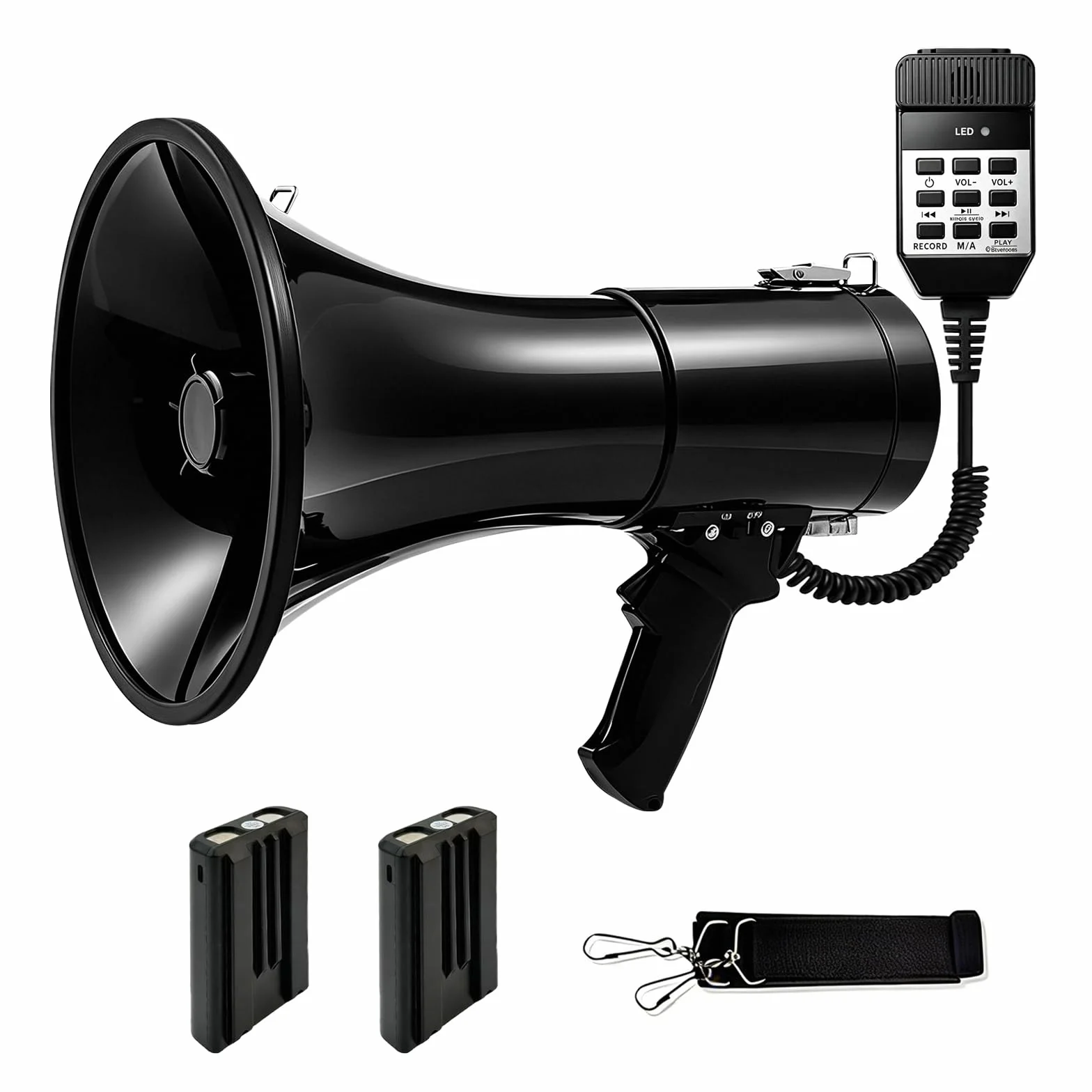 Megáfono 100W Bluetooth con Grabación, Triple Alimentación, 2 Baterías, Alcance 2000m, Sirena, Micrófono Externo, USB, Correa