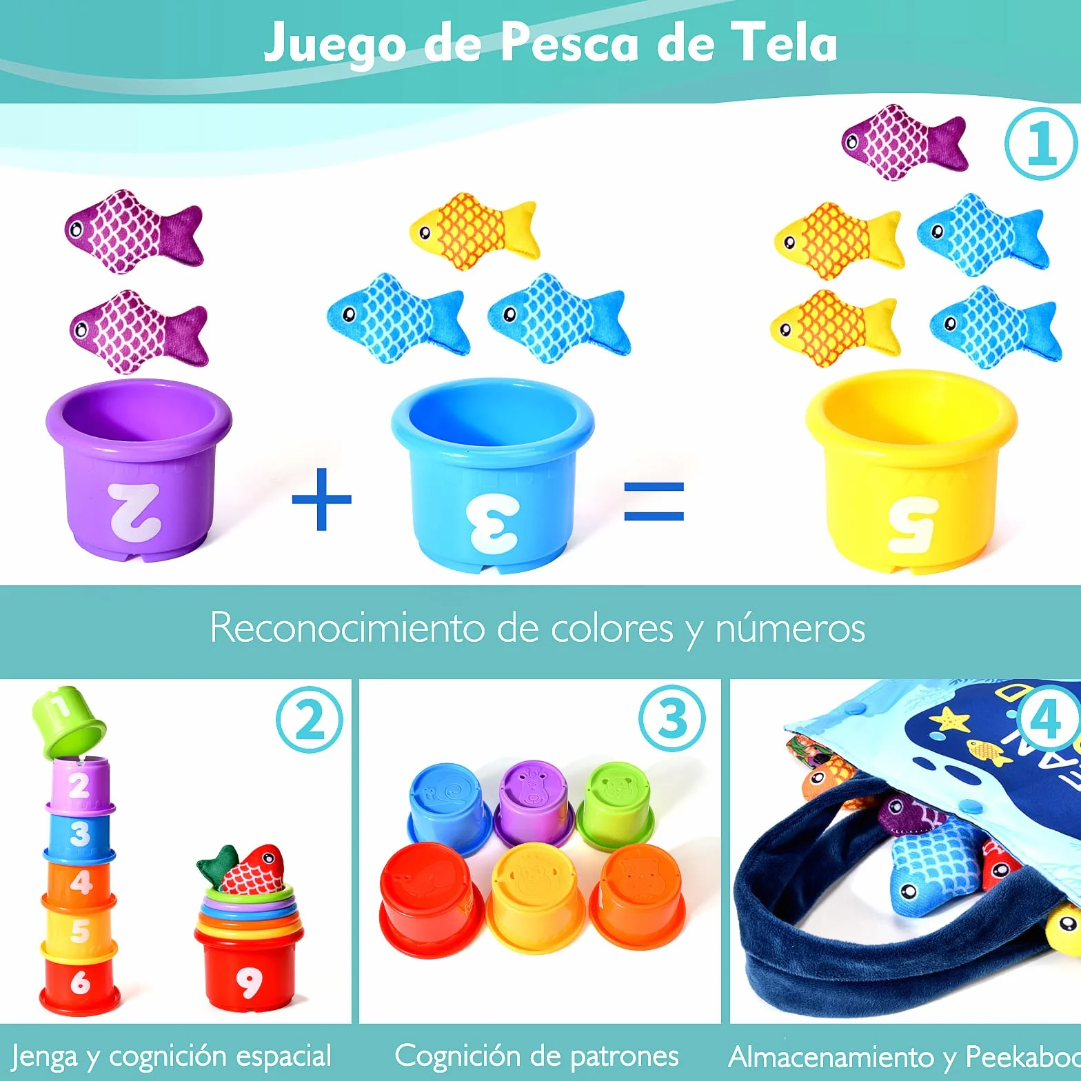 Juguetes Niños 1 Año Montessori, 20 Piezas Juego Pesca de Tela con Taza Apilables, Almacén Bolsa, Educativos Juguetes Bebes 6-12 Meses, Regalo Bebe 1 2 Año