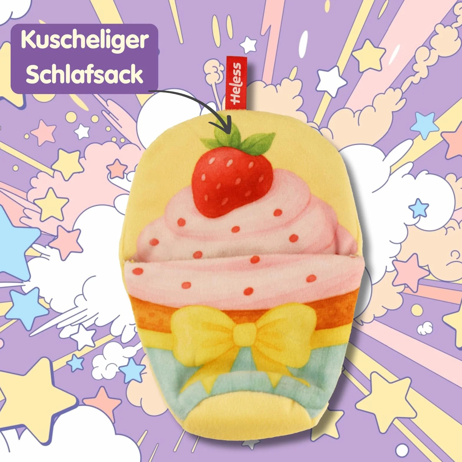 Heless Monster Styles 7524 - Saco de Dormir para muñecas con diseño de Cupcake con Fresa, con Lazo, Set Kawaii para Monstruos de 15 cm