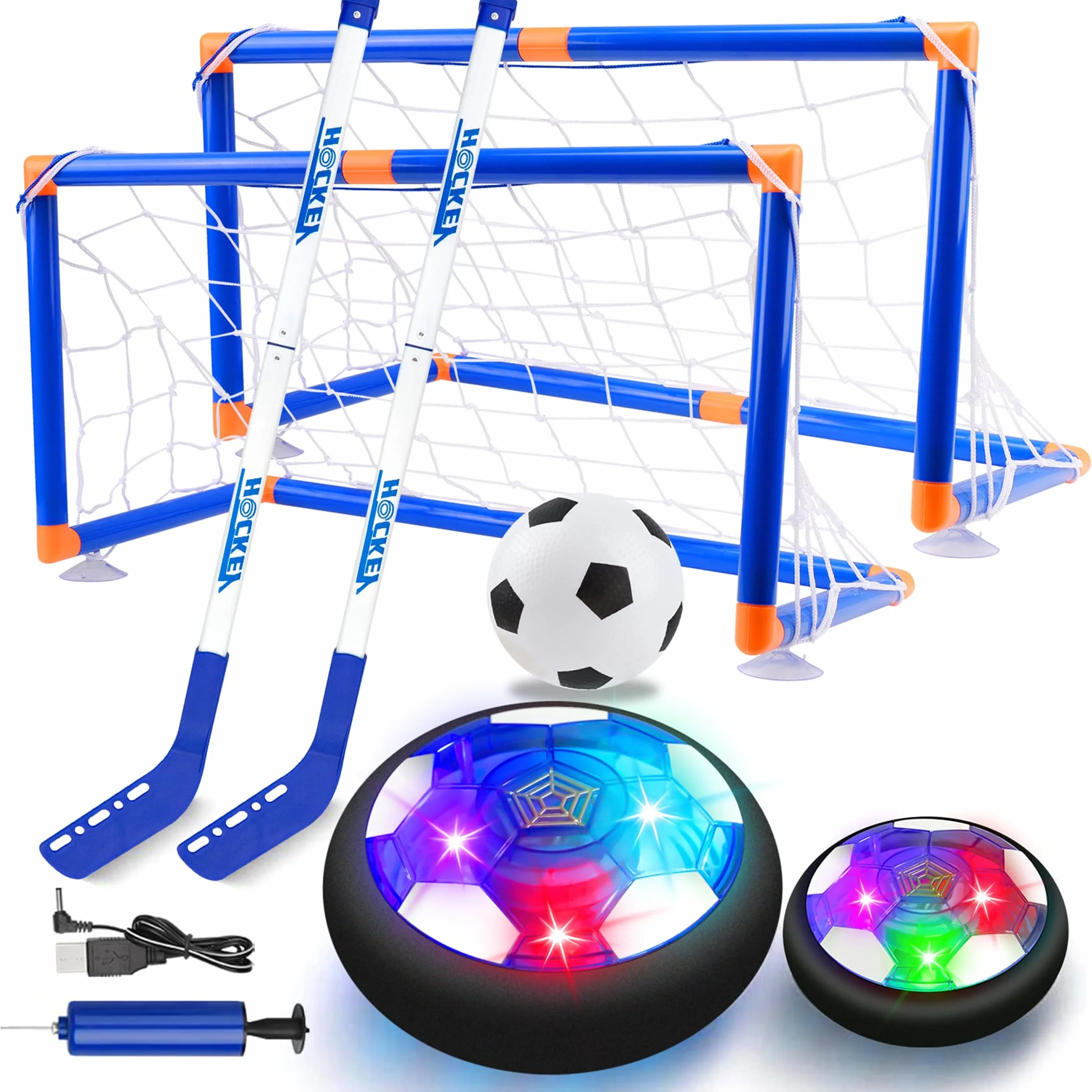 SUNACE 3 in 1 Balón Fútbol Flotant – Recargable Hockey Pelota con 2 Porteria Futbol Niños Air Power Soccer con Protectores de Espuma Suave y Luces LED Juguete Niños para Regalos Cumpleaños Navidad