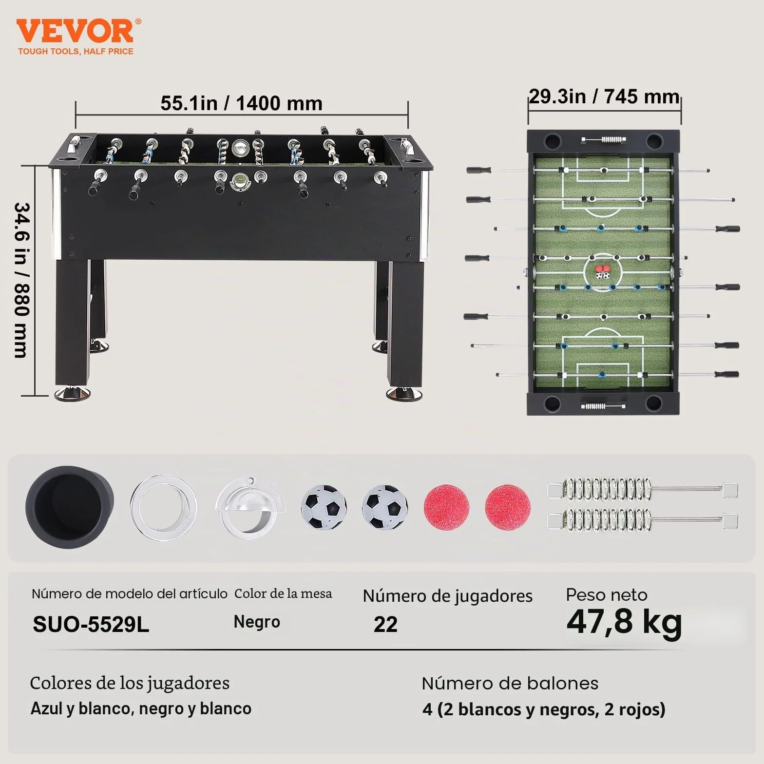 VEVOR SUO-5529L - Juego de fútbol estándar de 55 Pulgadas, tamaño Completo para Interiores, hogar, Familia y Sala de Juegos, Incluye 4 Pelotas y 4 portavasos, Color Negro