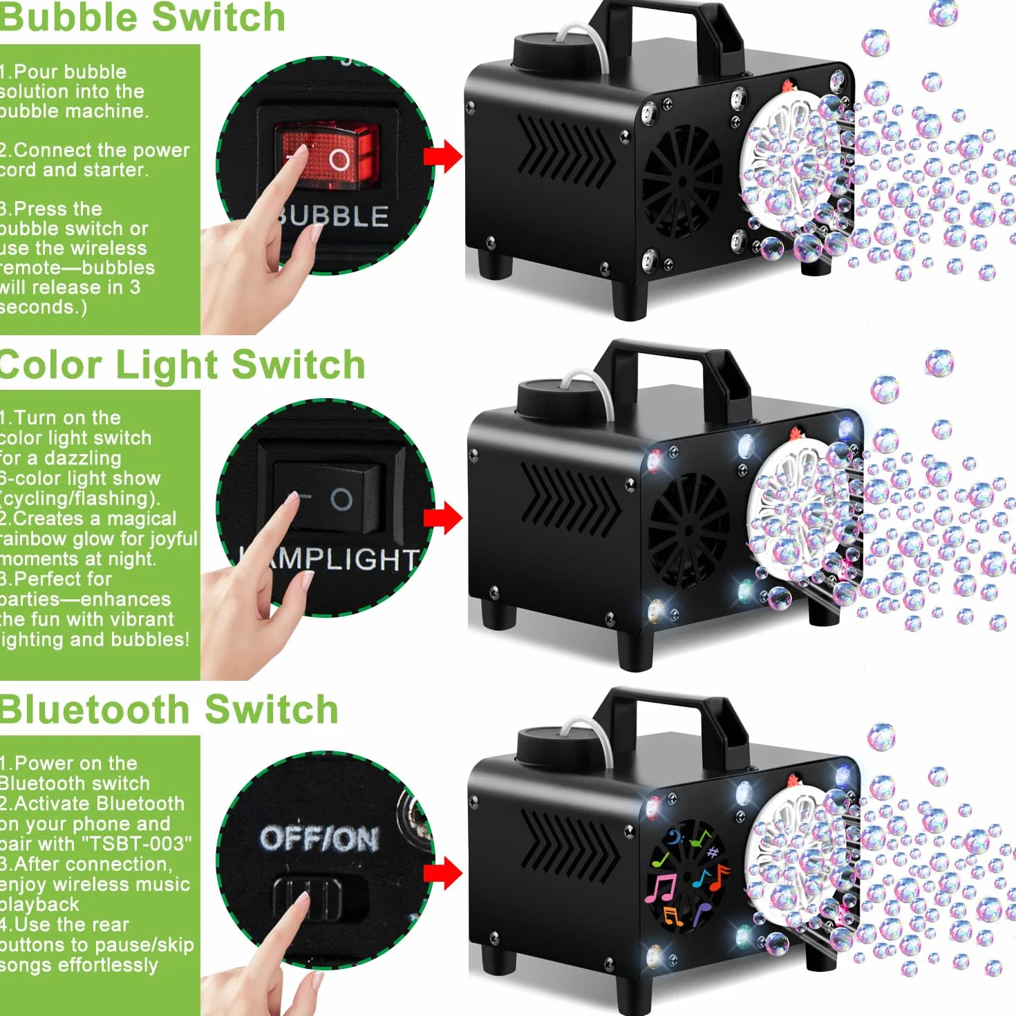 Máquina de burbujas de control remoto inalámbrico, portátil Bluetooth Bubble Blower-6 colores, mando a distancia, ideal para fiestas, bodas y niños