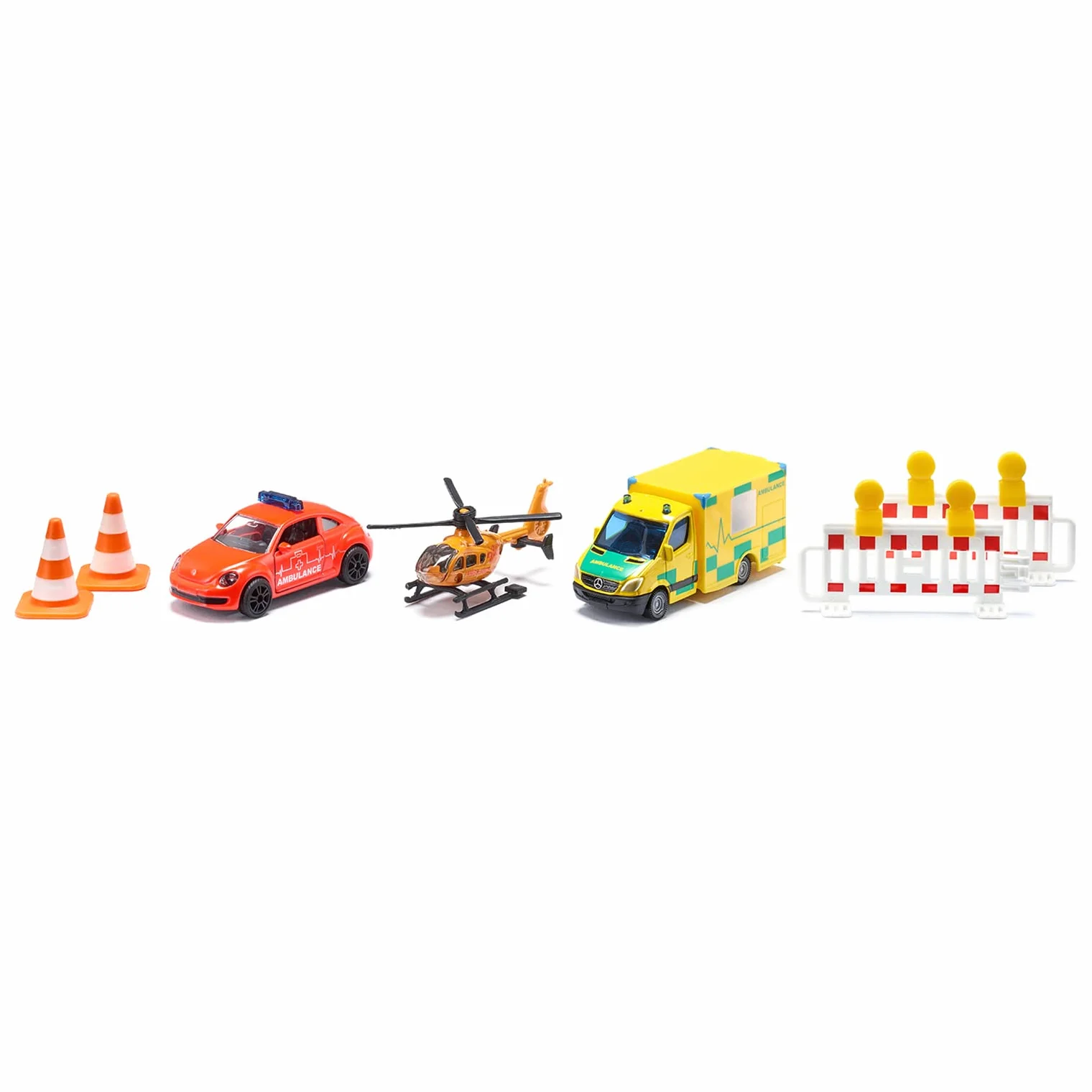 Siku 6332, Set de vehículos de Rescate, Ambulancia VW Beetle, Vehículo de Salvamento Mercedes, Helicóptero de Rescate, Set de Juguete, Plástico/Metal, Multicolor, Incluye 2 balizas y 2 Conos