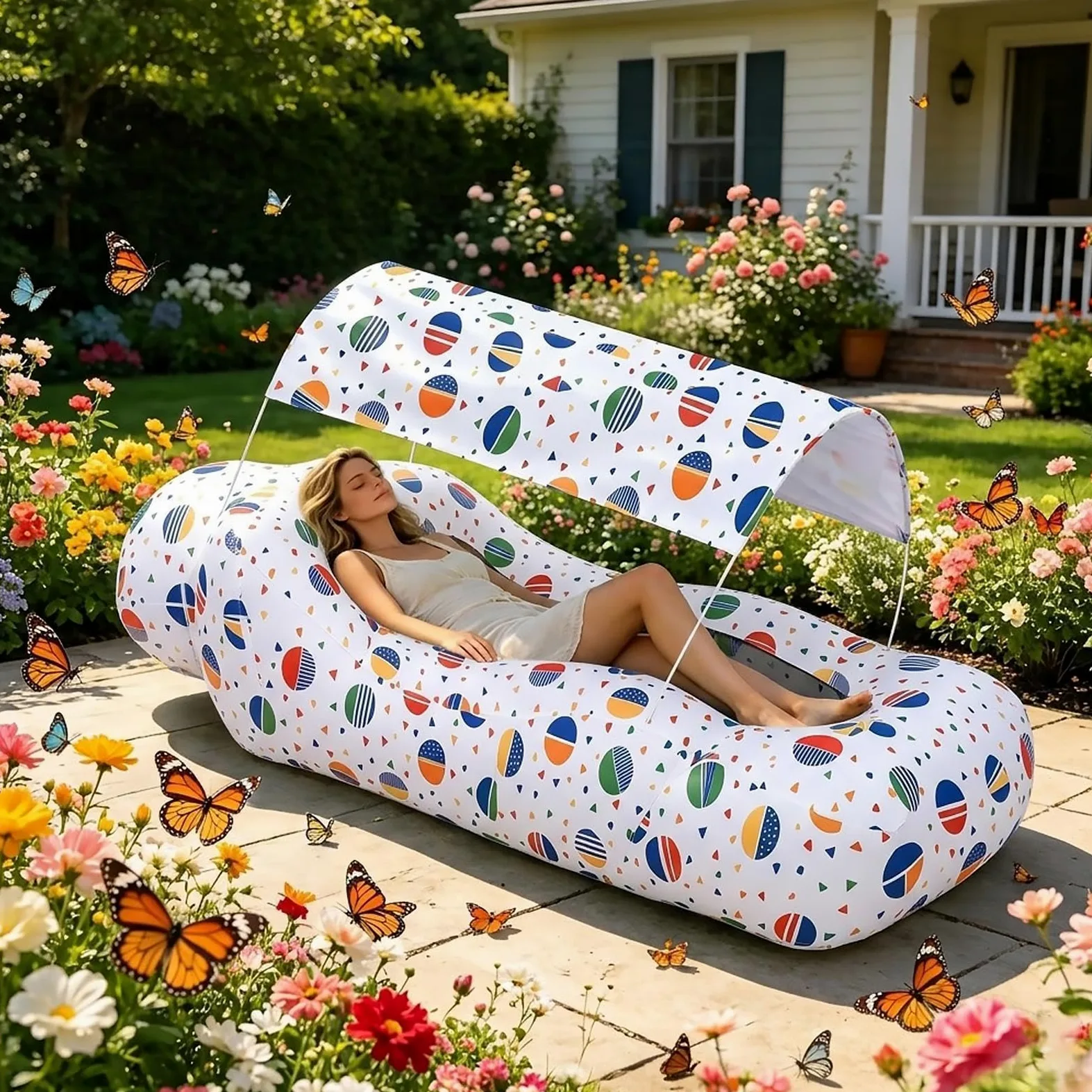 Tumbona Hinchable De Aire Sofá Hinchable De Playa Con Sombrilla | Sillón de Senderismo de Fácil Montaje Para En Exteriores Como Camping Senderismo Picnic Vacaciones Jardín Y