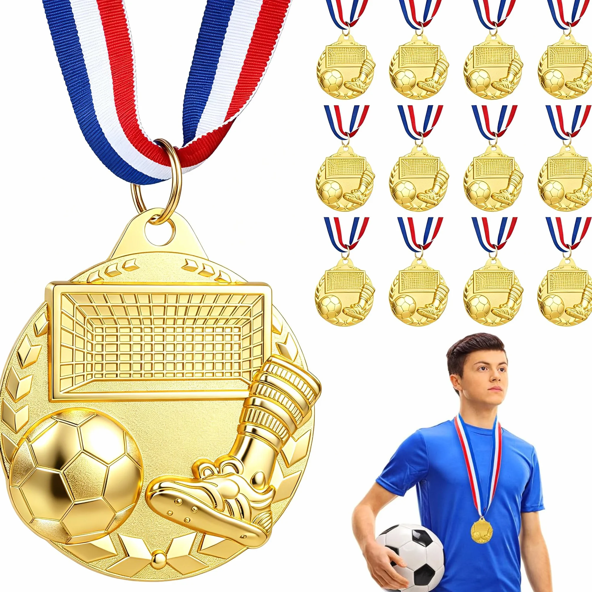 Medallas de Metal Dorado para Fútbol, Paquete de 12 con Cinta para el Cuello