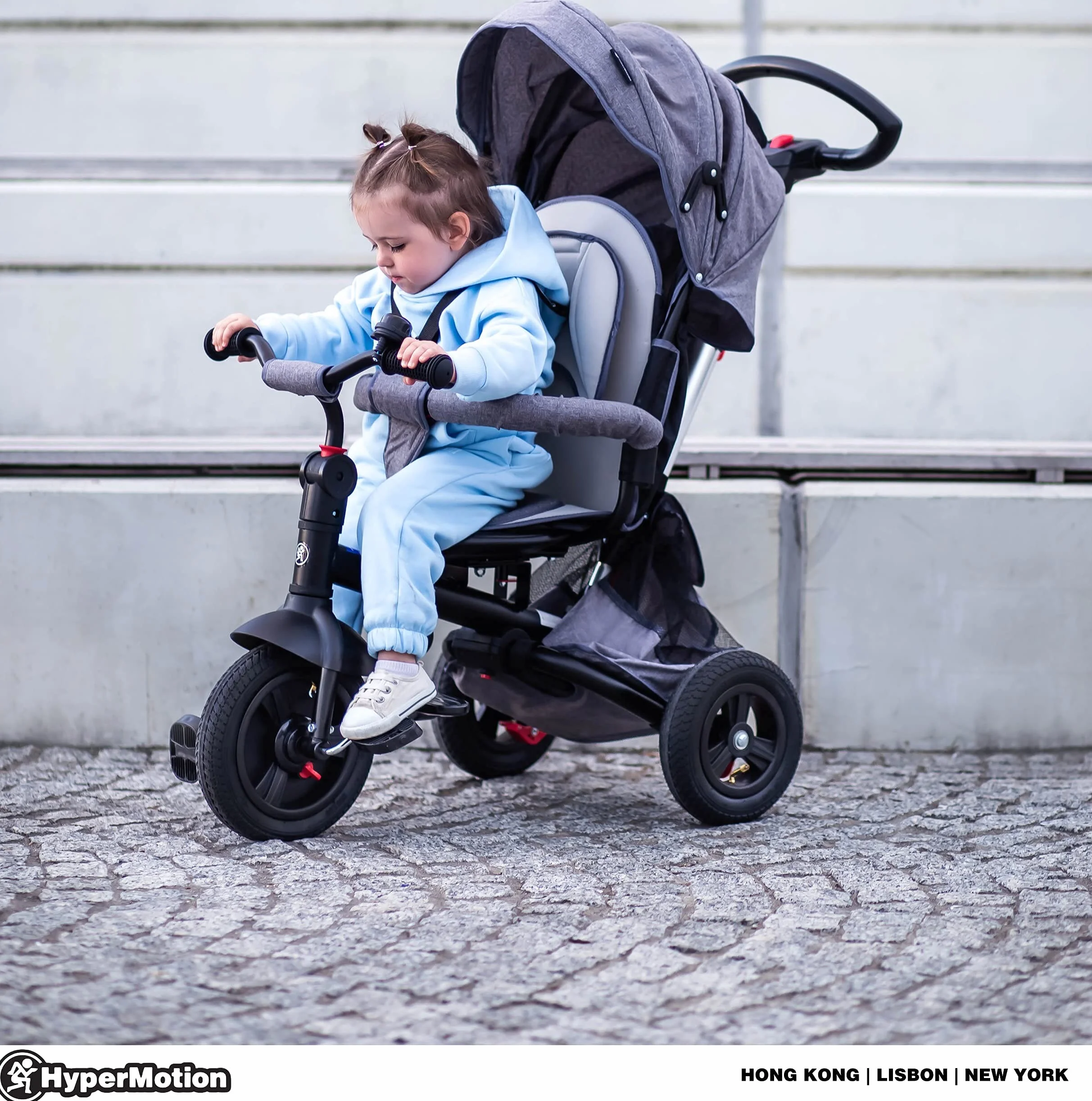 HyperMotion Triciclo Infantil 3 en 1 - Coche para Bebé con Asiento Giratorio y Cubierta de Lluvia - Triciclo Evolutivo 12 Meses a 5 Años, Plegable, Ruedas Bombeadas, 25kg, Gris