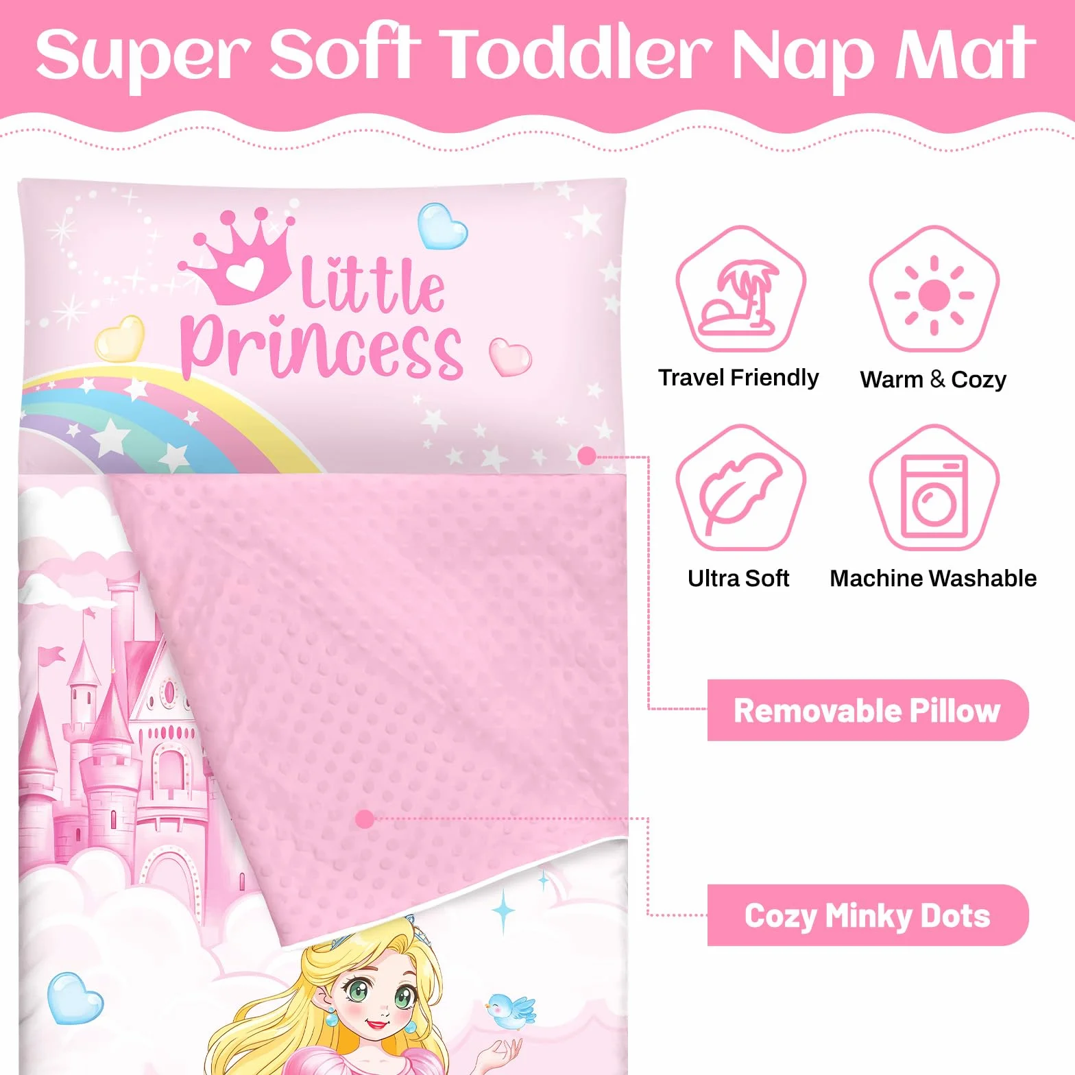 Saco de Dormir para Niños con Almohada, Tapete de Siesta para Niños y Niñas, Cálido Saco de Dormir de 150 x 60 cm, Tapete de Dormir Enrollable con Doble Cremallera