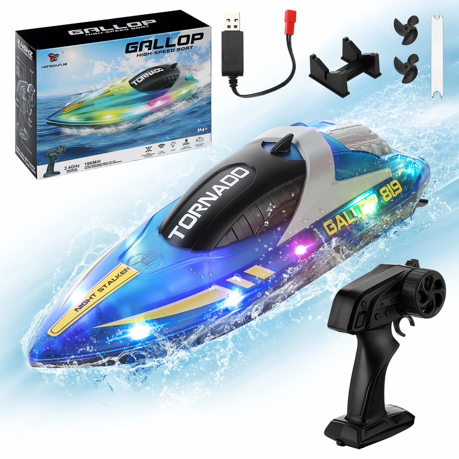 Coikes Barco a control remoto para niños y adultos, con luces LED, 2.4 GHz, alta velocidad, 15 km/h, doble hélice, lanchas de carreras para piscinas y lagos, juguetes de piscina recargables, regalos