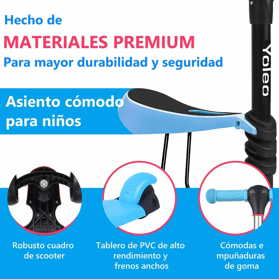YOLEO Patinete para Niños 3-en-1, Scooter 3 Ruedas LED Parpadeantes, Scooter para Niños con Manillar Ajustable Asiento Extraíble de 2 a 8 años, Carga Máxima de 50 kg (Azul)