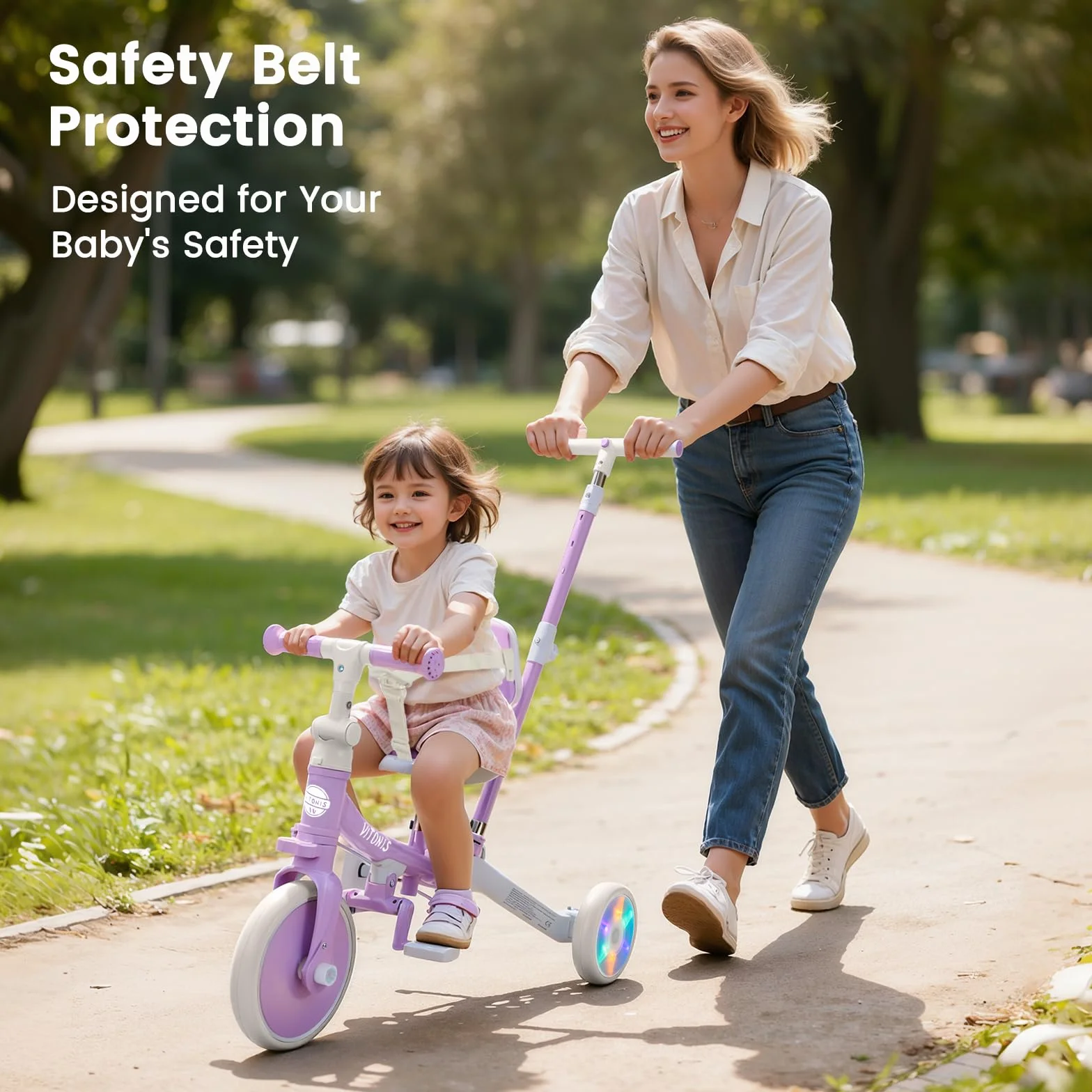 VITONIS Triciclo Infantil 5 en 1 para niños de 18 Meses a 5 años, con Ruedas Luminosas, Barra de Empuje, Respaldo y cinturón de Seguridad, Regalo para niños y niñas, Bicicleta sin Pedales, Morado