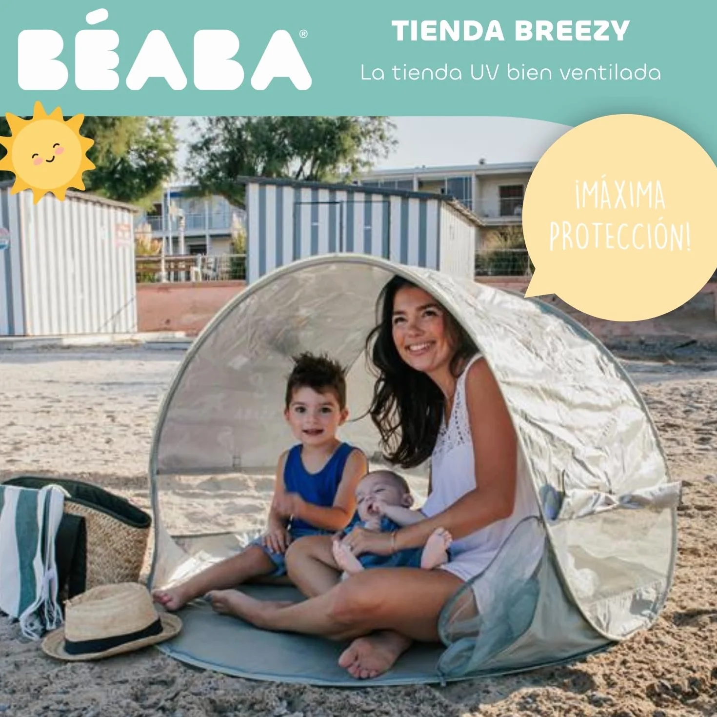 BÉABA, Tienda De Playa para Bebé, Tienda Anti UV Infantil, Protección Solar Máxima UPF50+, Filtrado UV, Ventilación 360°, Mosquitera, Espaciosa, Sistema Pop-Up, Bolsa De Transporte, Breezy, Caqui