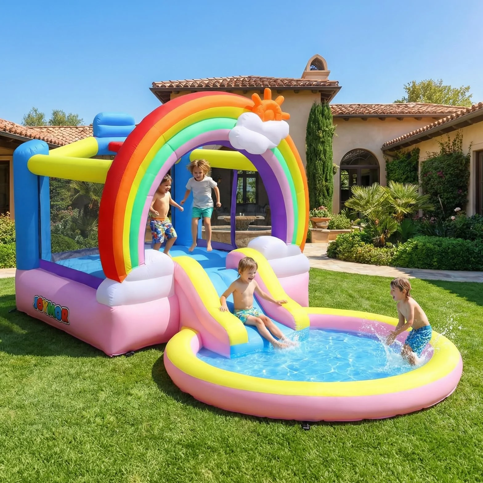 Bonnlo Tobogán Hinchable Infantil con Piscina, 370x192x192 cm, Cama Elástica y Diseño Arcoíris Nubes, Parque Inflable para Jardín Exterior e Inretior, Oxford 420D+840D