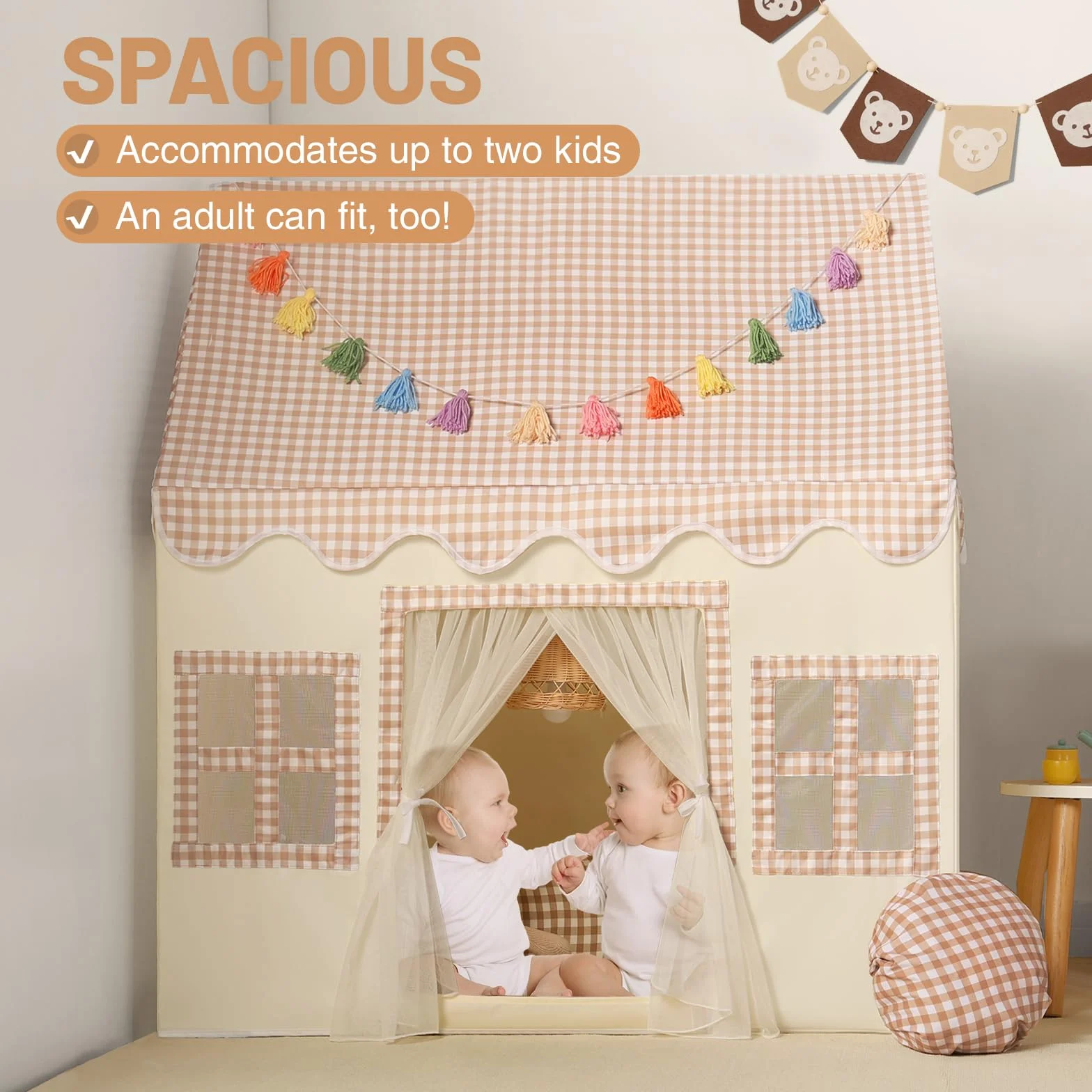 Wilwolfer Tienda de campaña Infantil: Jugar en Interiores y Exteriores - Tipi Casita Infantil con Guirnalda de borlas y Alfombra - Casa Grande para Niñas y Niños