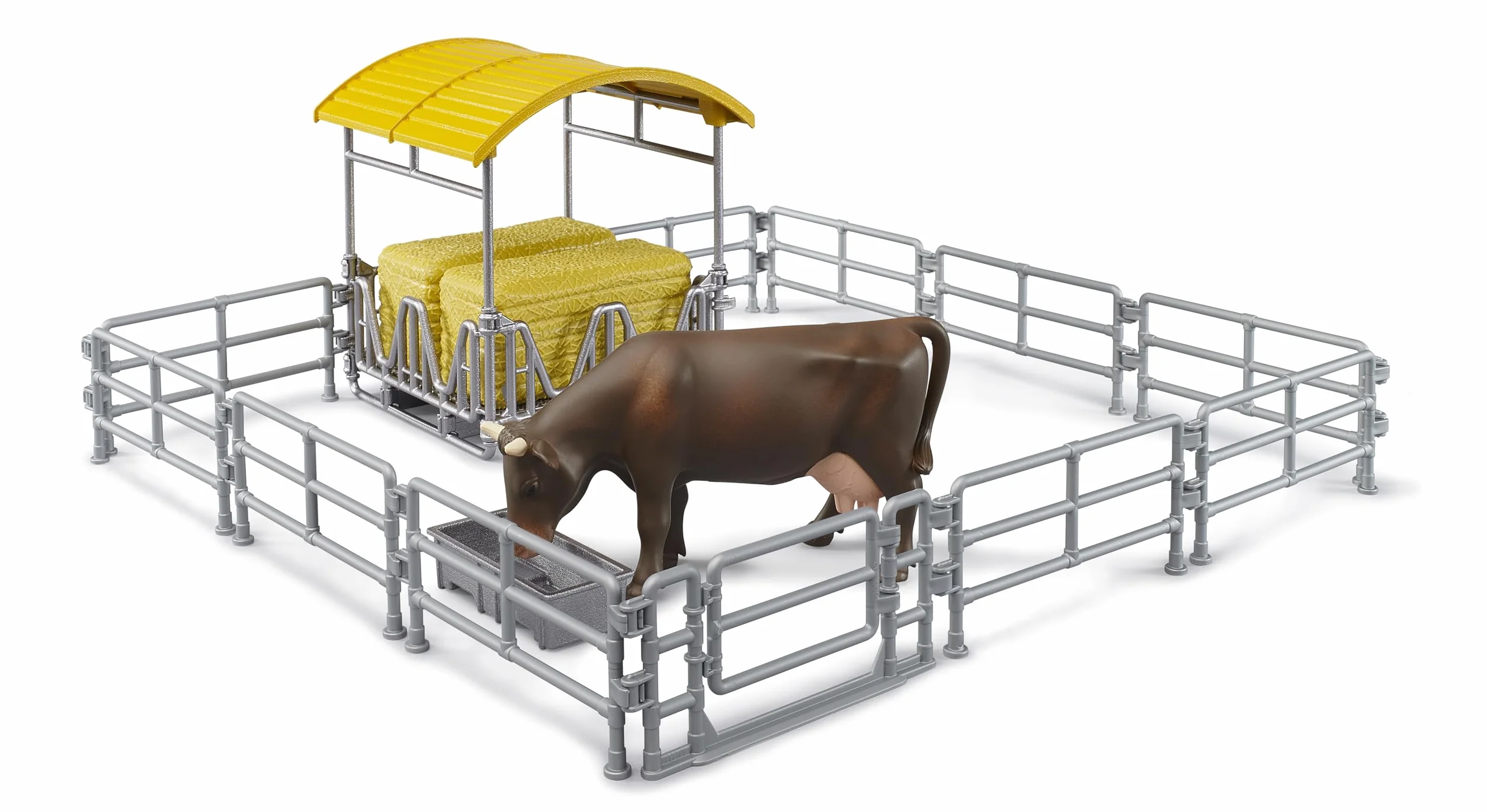 Bruder 62612 - Comedero con Vallas, abrevadero, pacas cuadradas y 1 Vaca - Accesorios para Granjas, Agricultura, Vacas, Juguetes