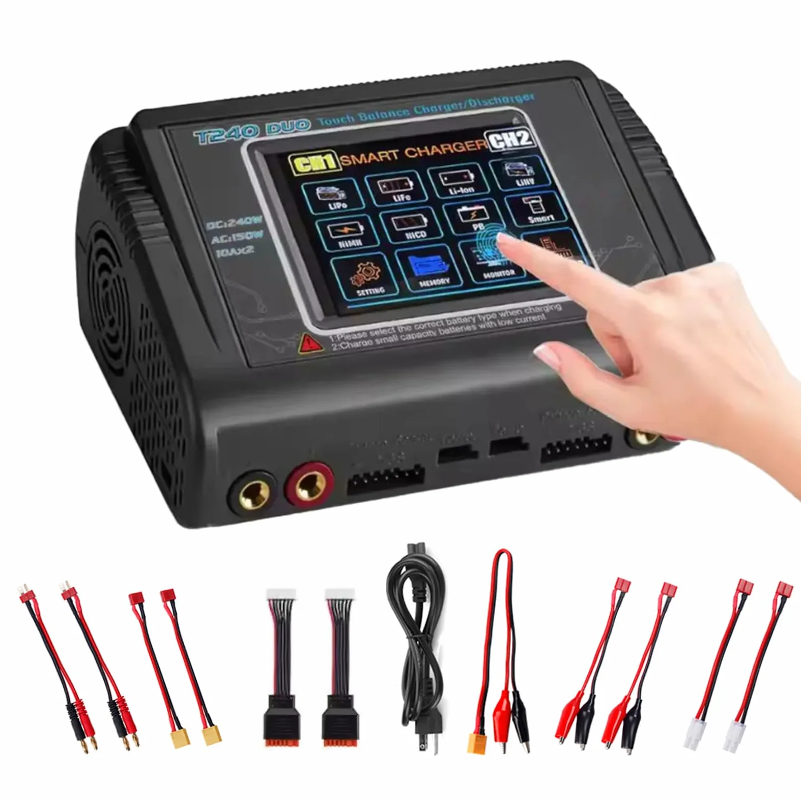 Cargador de batería T240 para LiPo/LiHV/LiFe/NiMH/NiCd, pantalla táctil grande de 3.2 pulgadas y doble puerto disponible, entrada CA/CC y corriente ajustable de 0.1-10 A