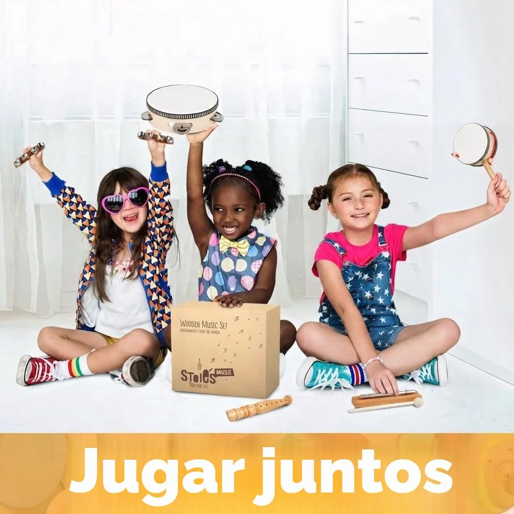 Set de Instrumentos Musicales de Madera Stoie’s para Niños de 1-9 Años – Tambor, Flauta, Maracas, Campanitas, Castañuelas, Pandereta, Juguete Montessori Educativo, Seguro, con Bolsa de Algodón
