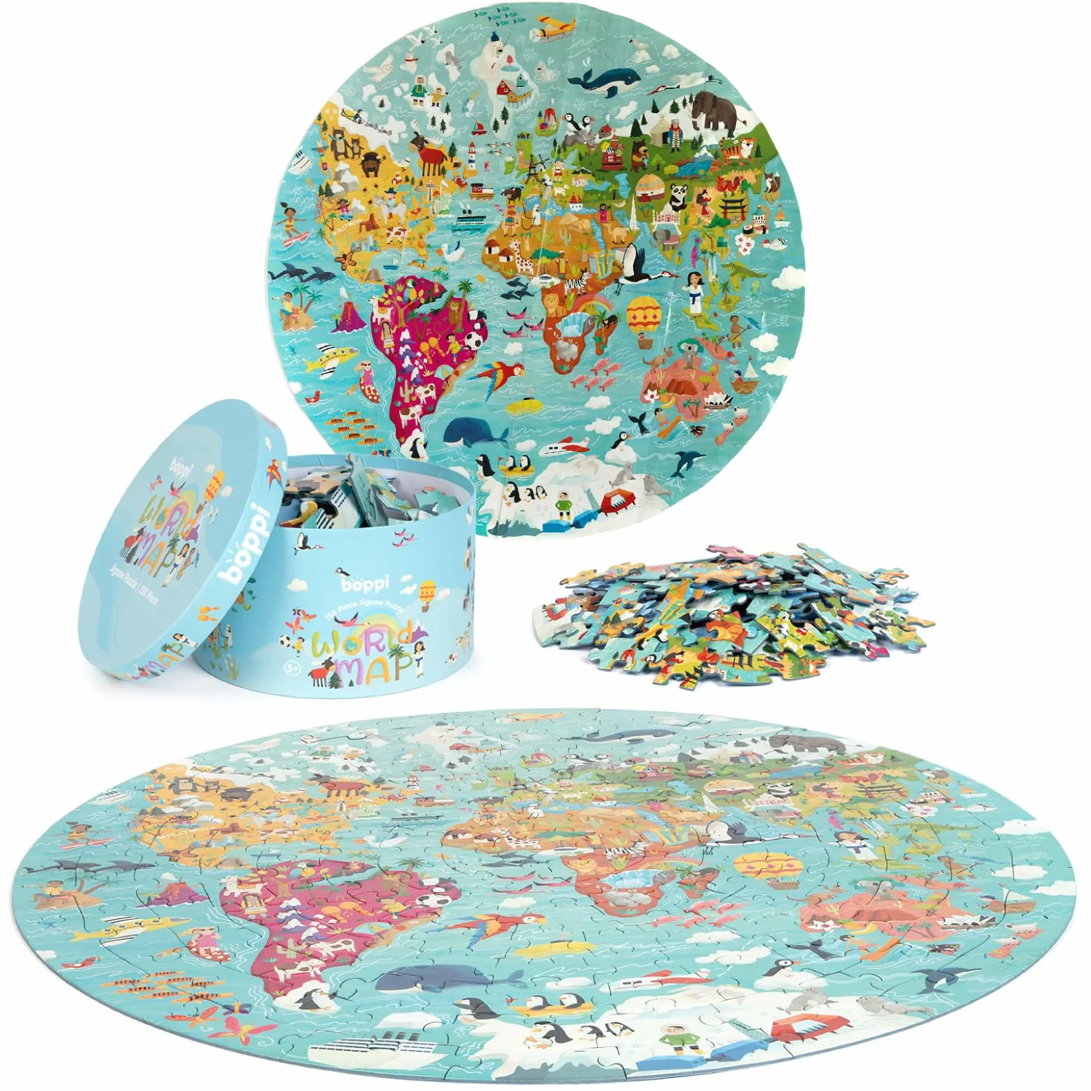 boppi Puzzle Circular del Mapamundi 150 Piezas de Cartón Reciclado 58 cm Animales