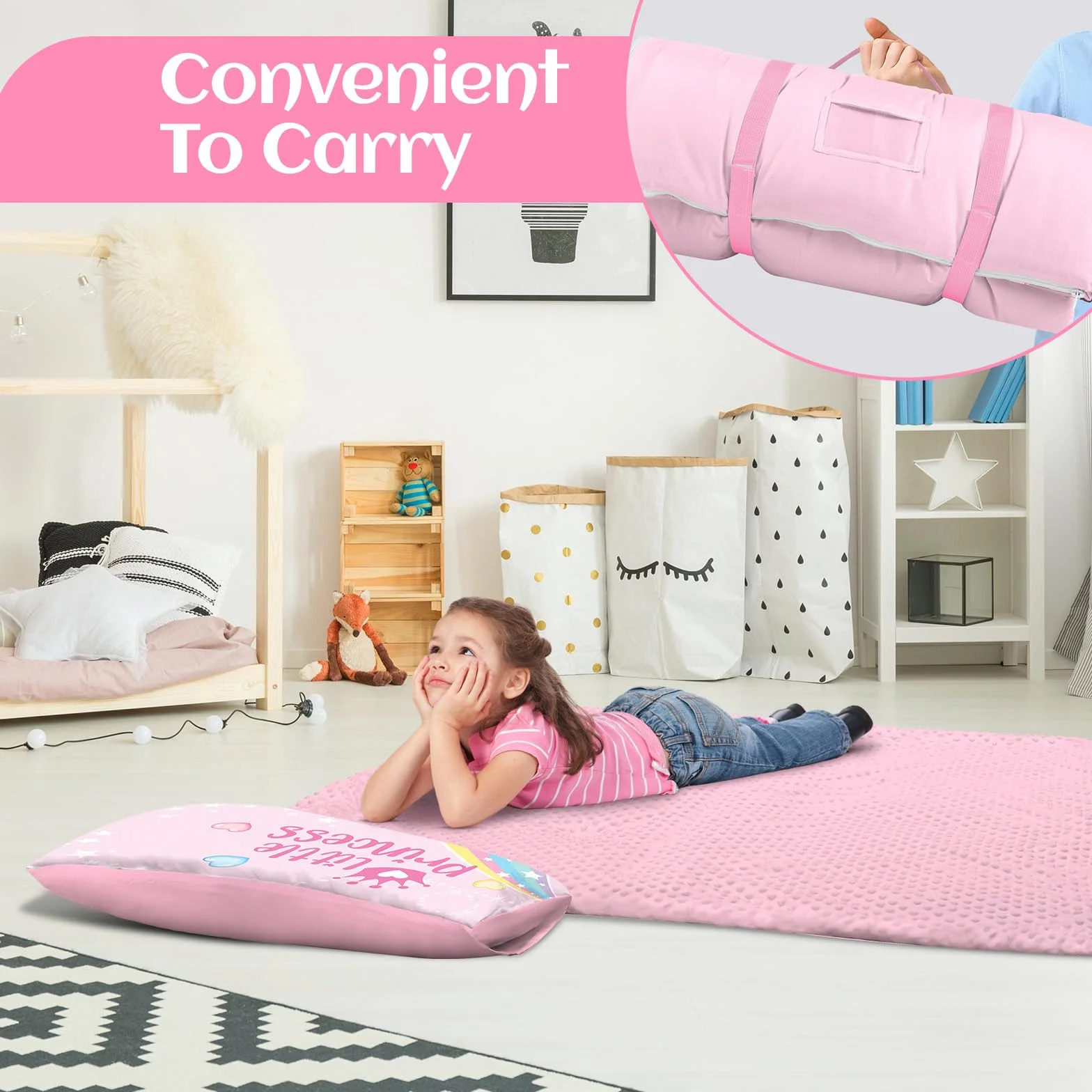Saco de Dormir para Niños con Almohada, Tapete de Siesta para Niños y Niñas, Cálido Saco de Dormir de 150 x 60 cm, Tapete de Dormir Enrollable con Doble Cremallera