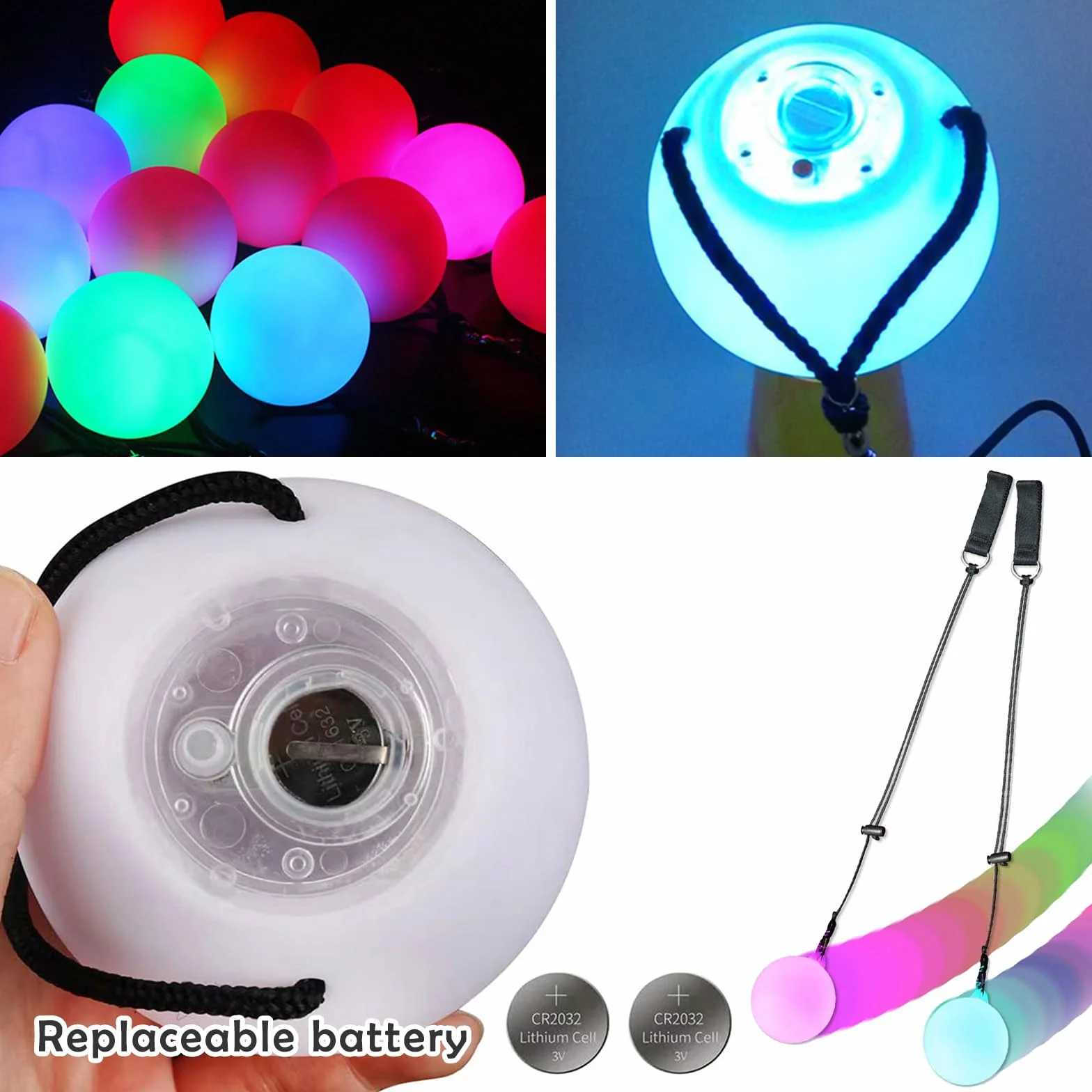 Juego de 2 bolas de poi LED luminosas, con colores arcoíris y efecto estroboscópico, juguetes de circo, juguetes spinning POI para niños y adultos