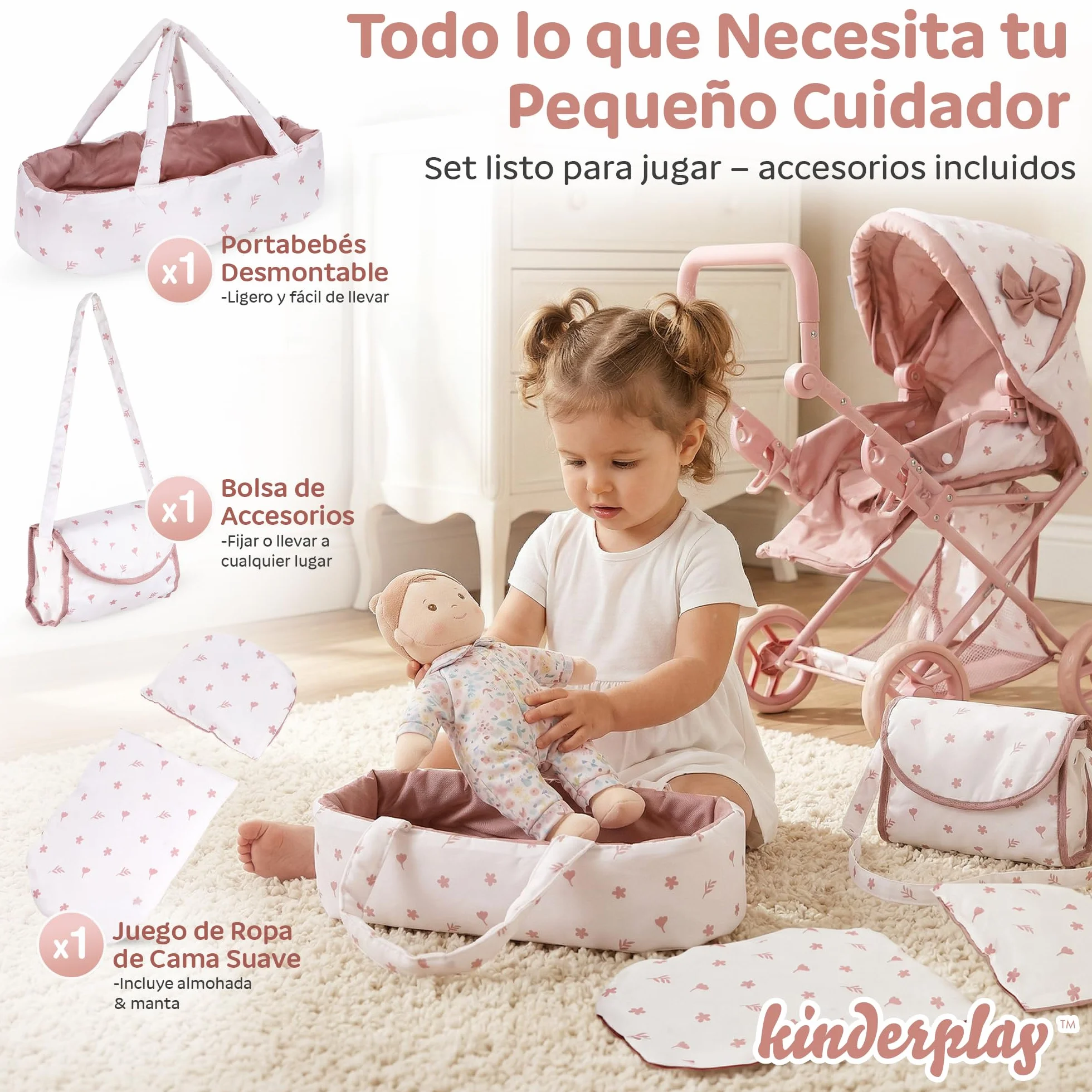 Kinderplay Cochecito de muñecas 3 en 1 Rosa con Bolsa de Transporte – Cochecito de muñeca Ajustable de 36,5 – 64 cm, Plegable, Ruedas de Espuma silenciosas, para muñecas de hasta 40 cm, a Partir de 3