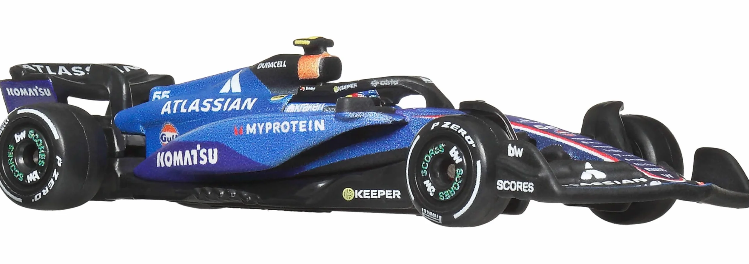 Hot Wheels Formula 1 Atlassian Williams Racing Carlos Sainz #55, Coche de Carreras metálico a Escala 1:64 con neumáticos Real Riders y carrocería metálica, JKD85