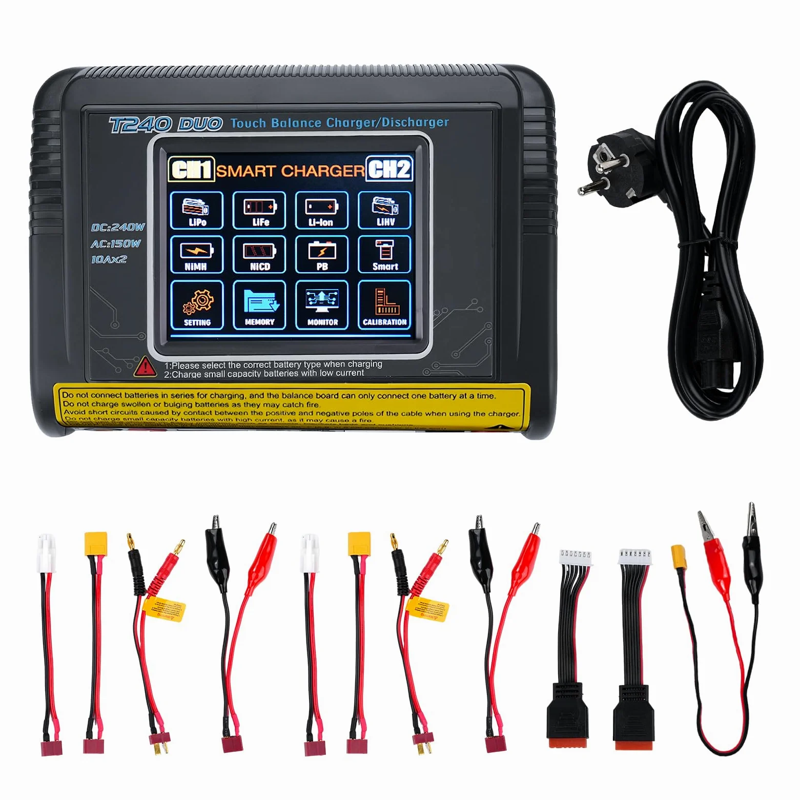 Cargador baterias Coche con equilibrador batería Cargador Dual CC/CA 11-18V 240W CA 100-240V 150W Detección Auto LiPo/Lilon/Life/NiMH/Ni/PB/NiMH Pantalla táctil LCD de 3,2 Pulgadas 10A (T240)