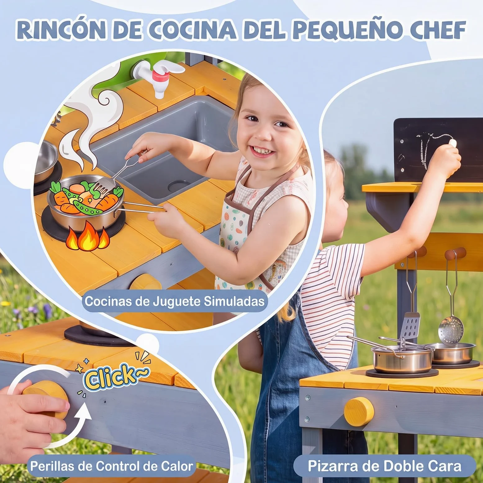 COSTWAY Cocina de Barro Exterior para Niños, Cocinita de Madera Infantil | con Jardinería, Estantes, Pizarras, Fregadero, Depósito de Agua, Macetas, Sartén, Juego de Rol para 3+ Años
