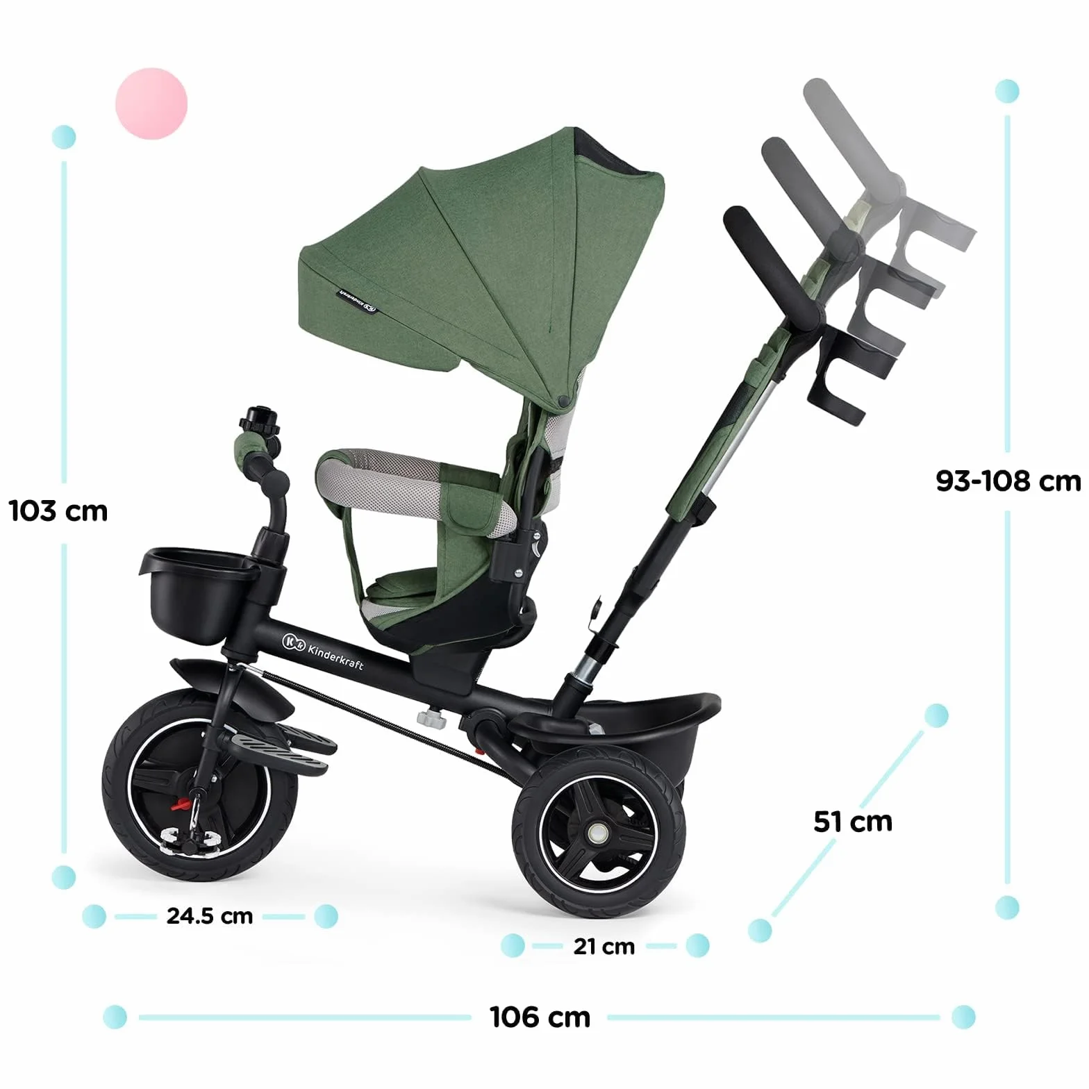 Kinderkraft SPINSTEP Triciclo Evolutivo Bebé 5 en 1 de 9 Meses a 5 Años, Bicicleta para niños, Plegable y reclinable, Capota Impermeable con Filtro UPF 50+, Asiento Giratorio 360 Grados, Verde