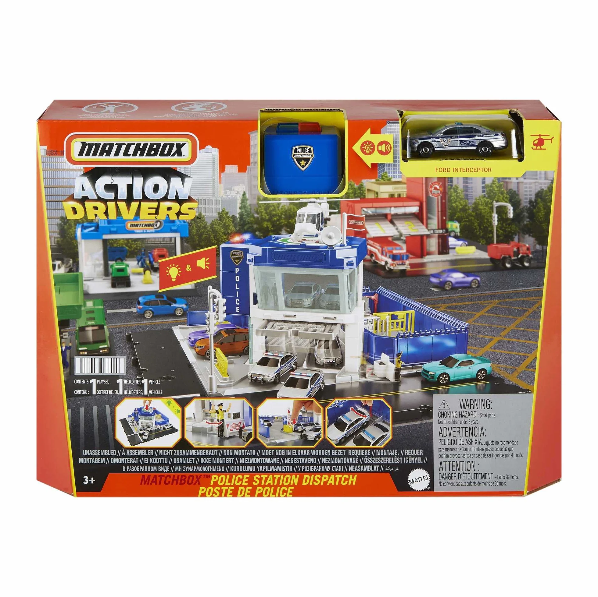 Matchbox Action Drivers Estación de policía Set de Juego con Pistas para Coches de Juguete con Sonidos, Incluye 1 vehículo y 1 helicóptero, +3 años (Mattel HHW22)