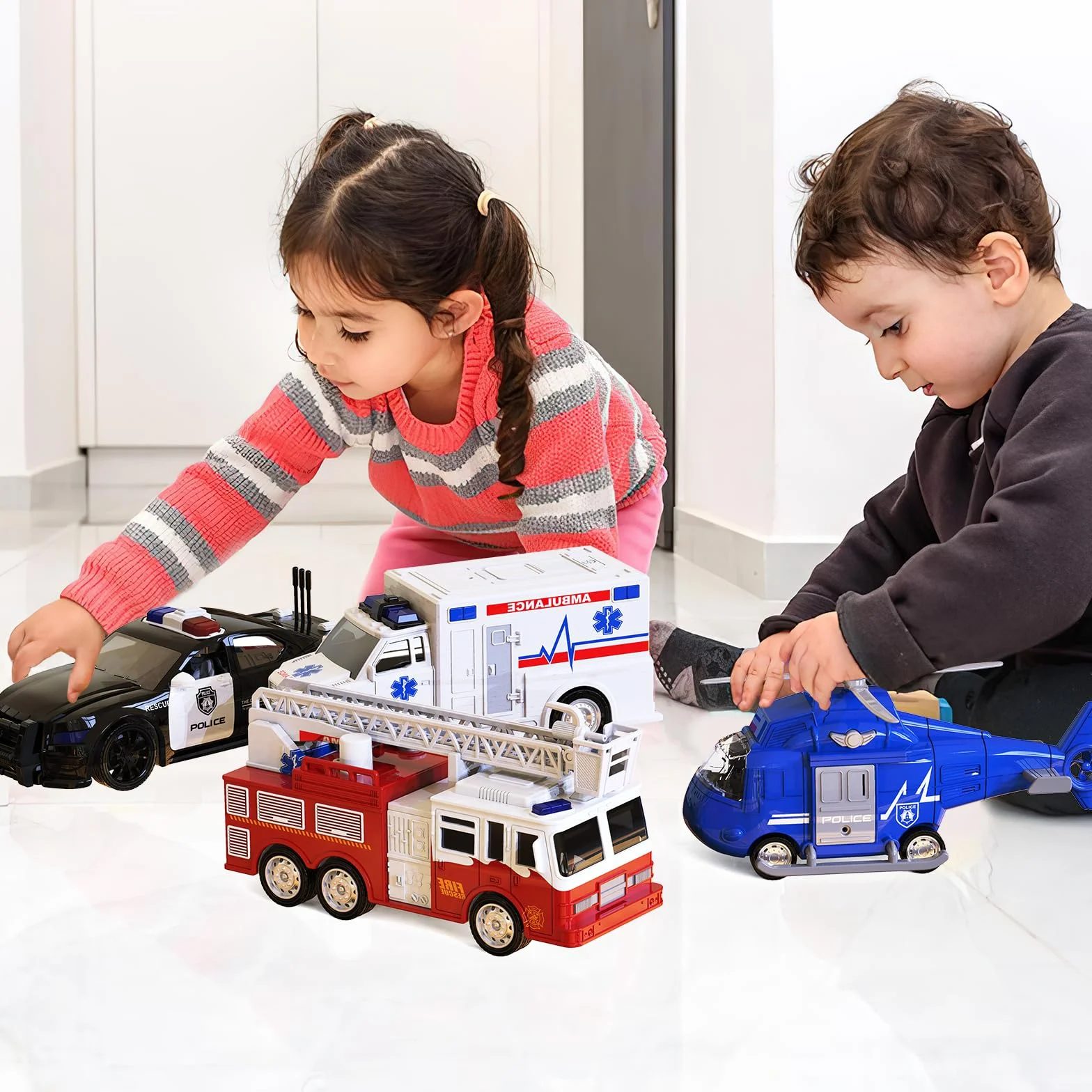 Doloowee 4 Pack Vehículo de Emergencia Juguetes Playsets para Niños, Helicóptero de Rescate, Coche de Policía, Camión de Bomberos, Ambulancia Coche Juguetes Regalo para Edad 3-12 Niños Niñas