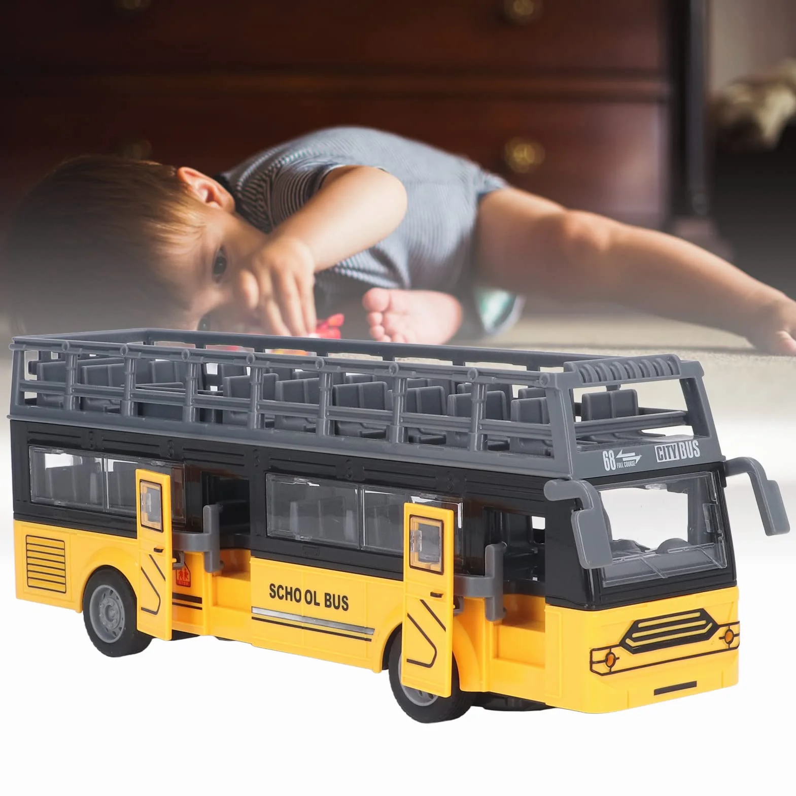 Autobús de Control Remoto, 4 Canales Electrónicos, Puertas de Apertura, Función de Aceleración, Autobús RC de Dos Pisos para Niños de 3 Años en Adelante (Autobús Escolar QH204 7)