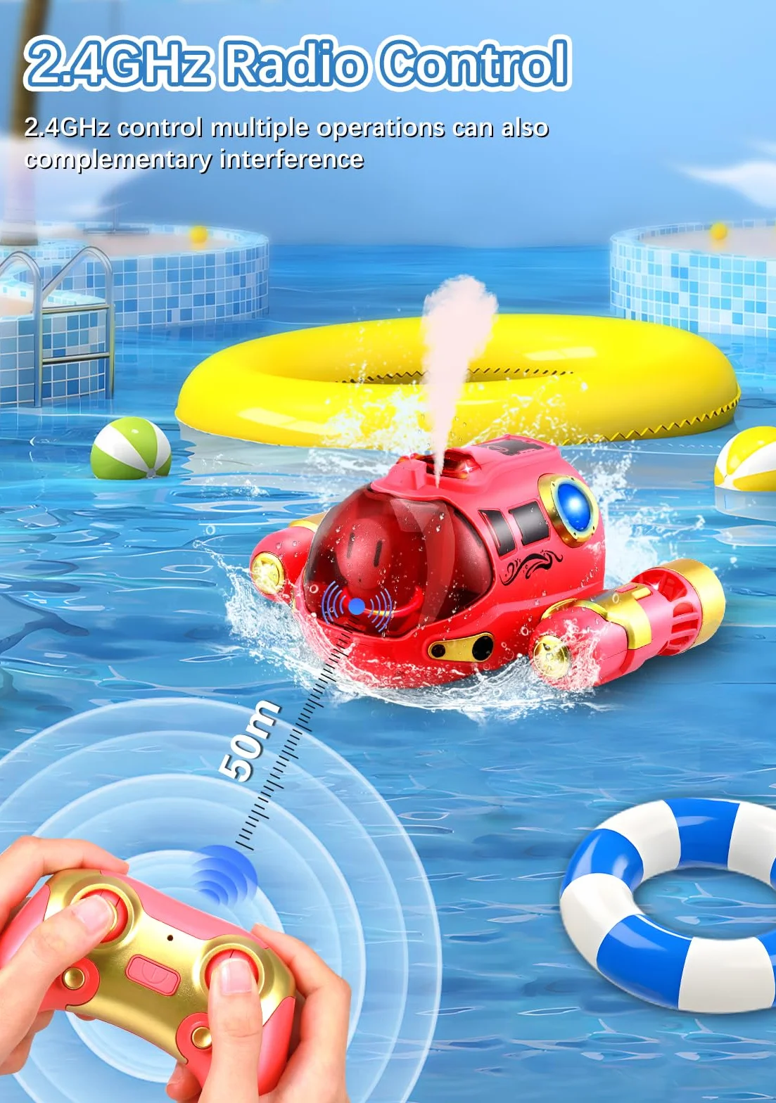 Barco Teledirigido Niños, Barco RC con Spray/luz de luz, Lancha Teledirigida con 2 Baterías Recargables, 2.4GHz RC Juguete Barco para Piscinas y Lagos, Regalo para niños y niñas