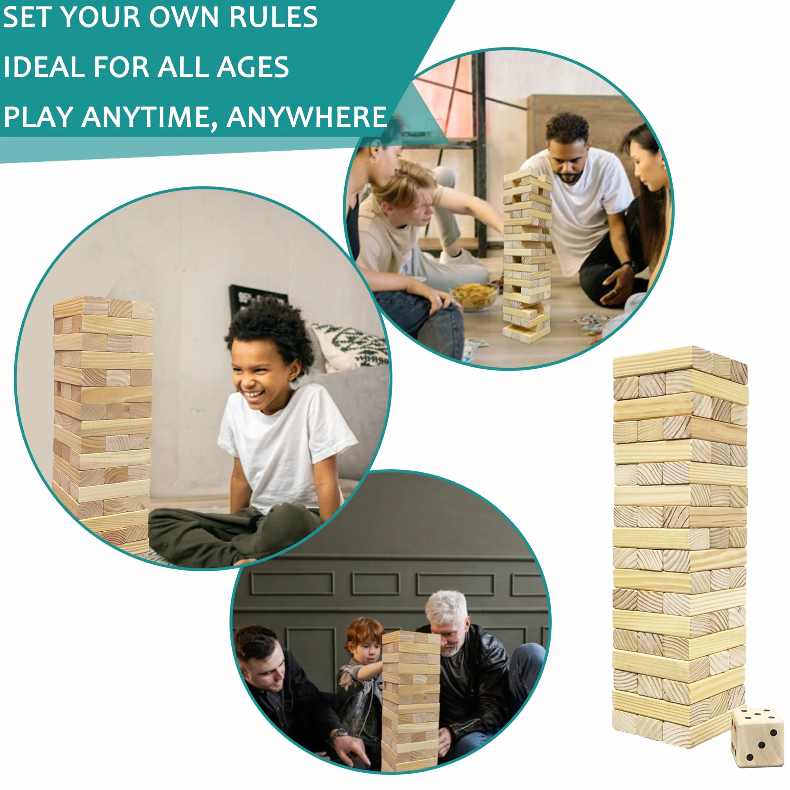 Torre de volcar de madera - Juego apilable - 54 piezas - Juegos de exterior para la familia - Gran tamaño - 54 piezas