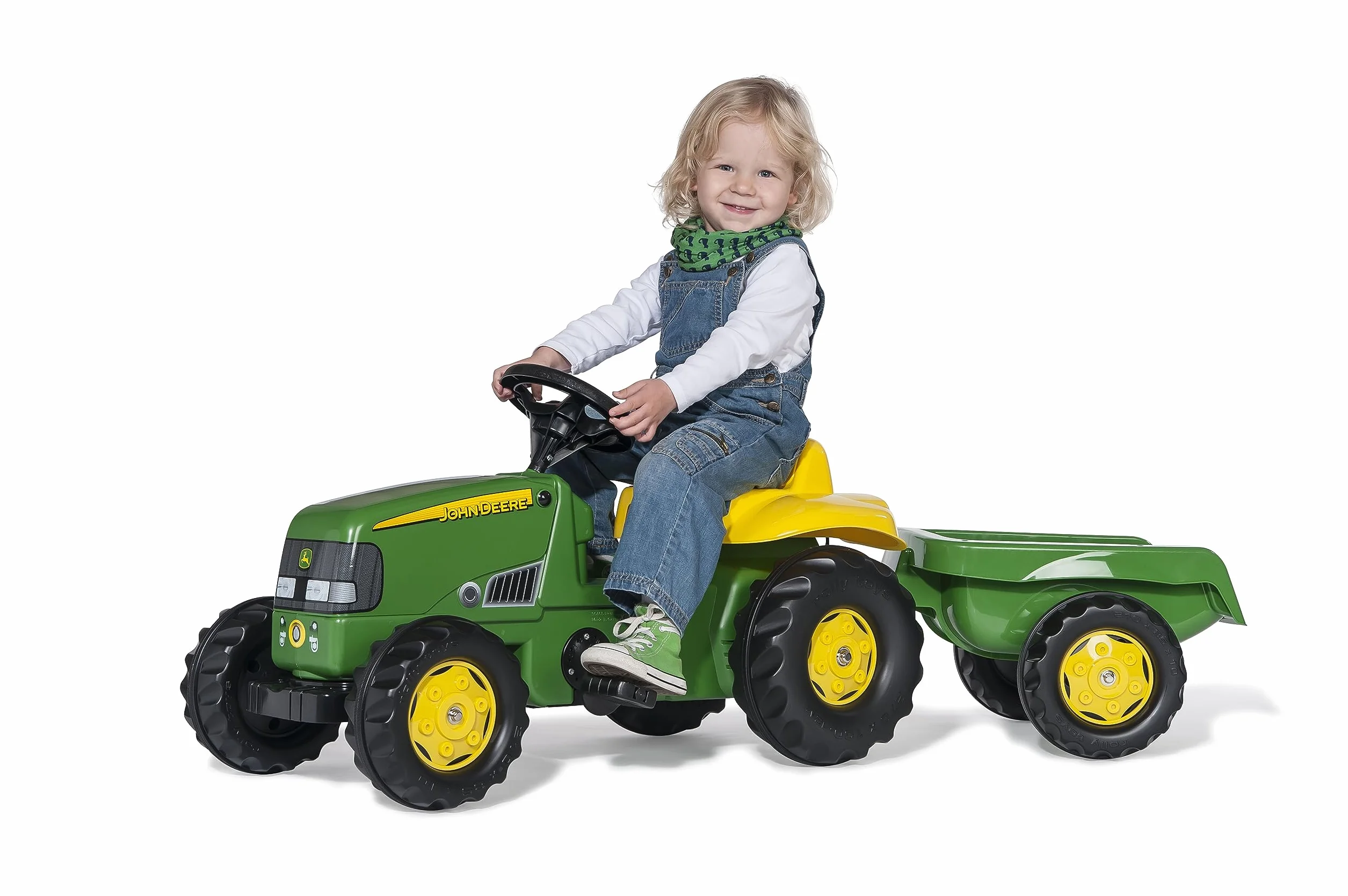 Rolly Toys 012190 - rollyKid John Deere (con remolque, dirección por palanca giratoria, edad 2,5 - 5 años, enganche trasero), verde, 134,0 x 52,0 x 47,0 cm