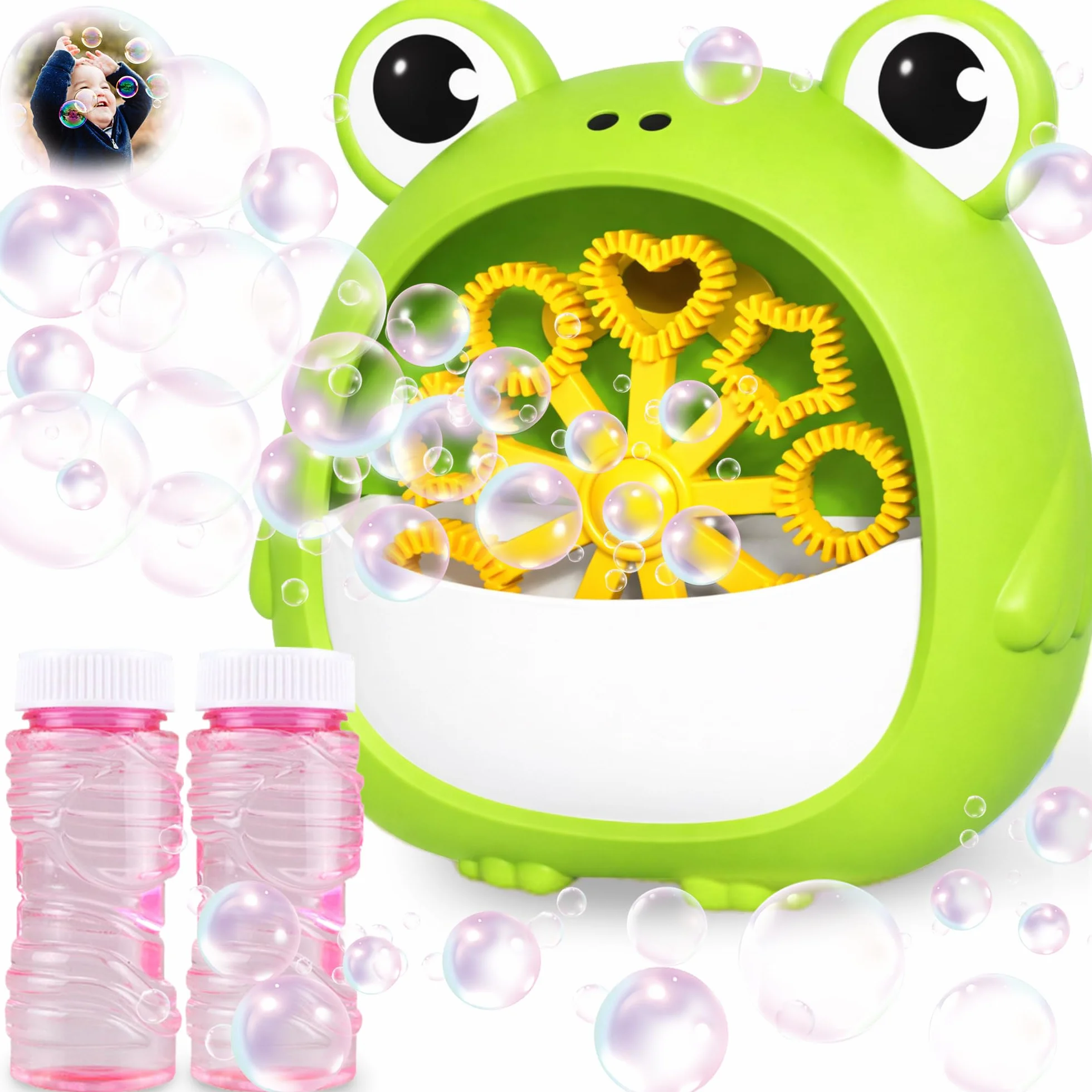 Chennyfun Máquina de Burbujas Rana para Niño, Juguete Portátil y Automática Hacer Burbujas 2000+/Min, Máquina de Soplado Burbujas con Solucione, Interior Exteriores Boda Fiesta Regalo Cumpleaño Juegos