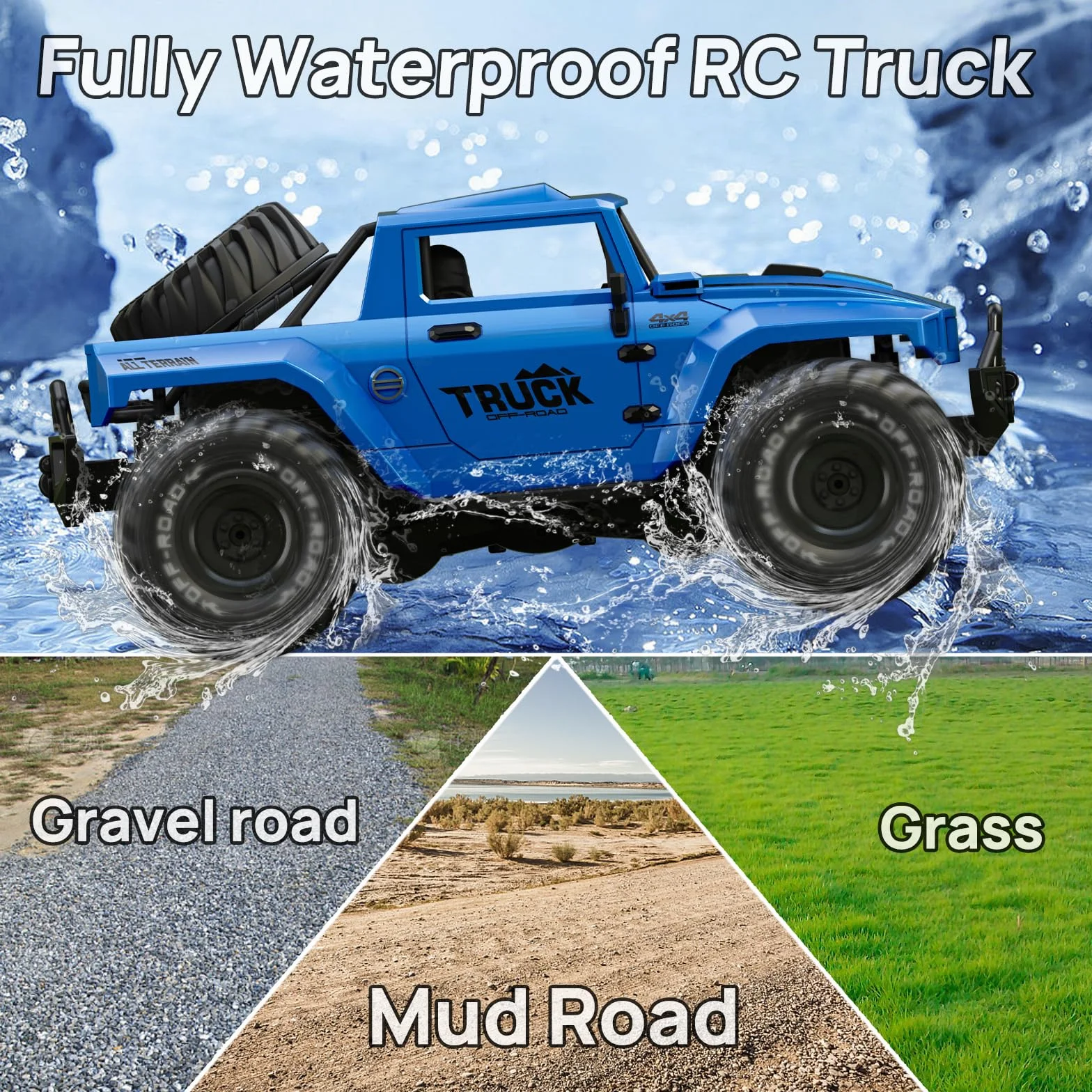 Coche Teledirigido, Anfibio Coches RC 1:16, Monster Truck teledirigidos Impermeable, Vehículo Acrobacias RC Car con Rotación de 360° y luz LED para Adultos niños