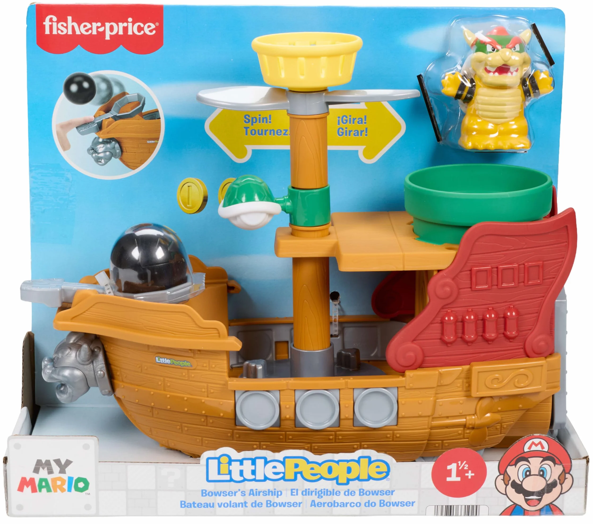 Fisher-Price Little People My Mario Juguete para niños pequeños, Conjunto de Juego de Barco de Bowser con Figura para niños y niñas en Edad Preescolar, a Partir de 18 Meses, JHG62