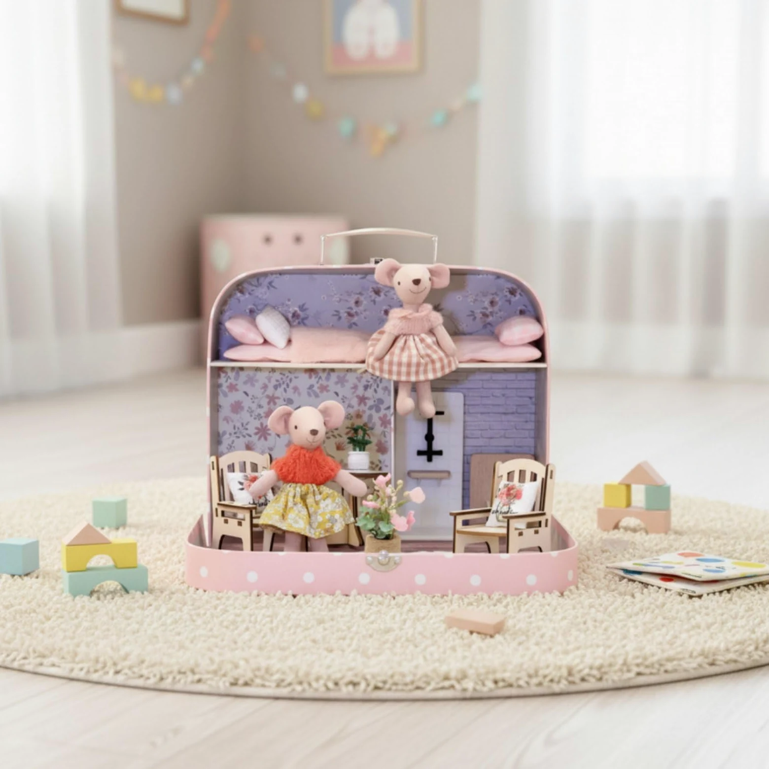 Perfeclan Casa de Muñecas Portátil Maletín Juego Set con Dos Niveles y Escena de Hogar con Flores Incluye Figuras y Muebles Materiales Madera y Tela Adecuada