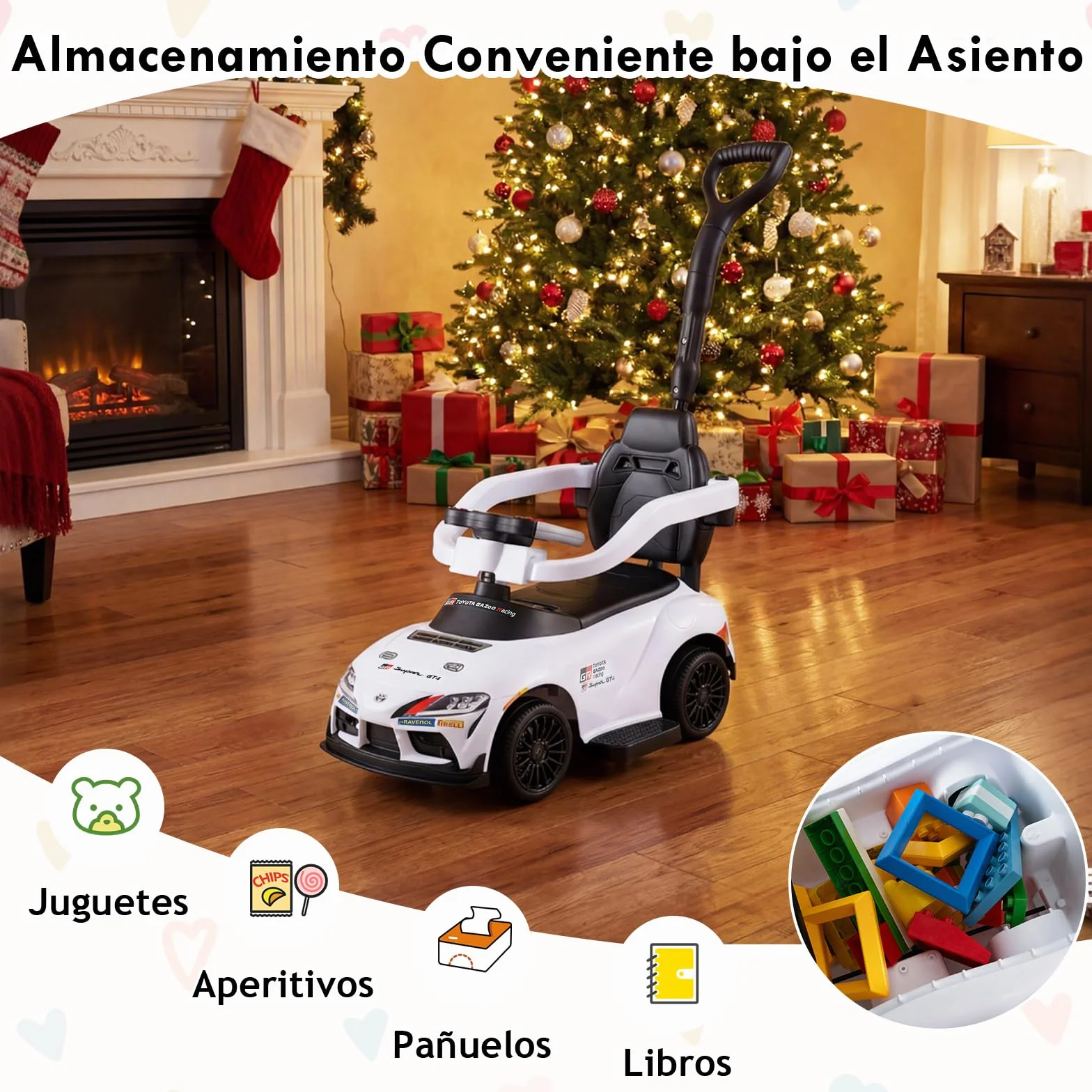 GOPLUS Correpasillo 3 en 1, Coche Correpasillos para Niños con Barra de Empuje, Barandilla de Seguridad Desmontables, Volante con Sonido y Música, Almacenaje bajo Asiento, para 1,5-5 Años (Blanco)